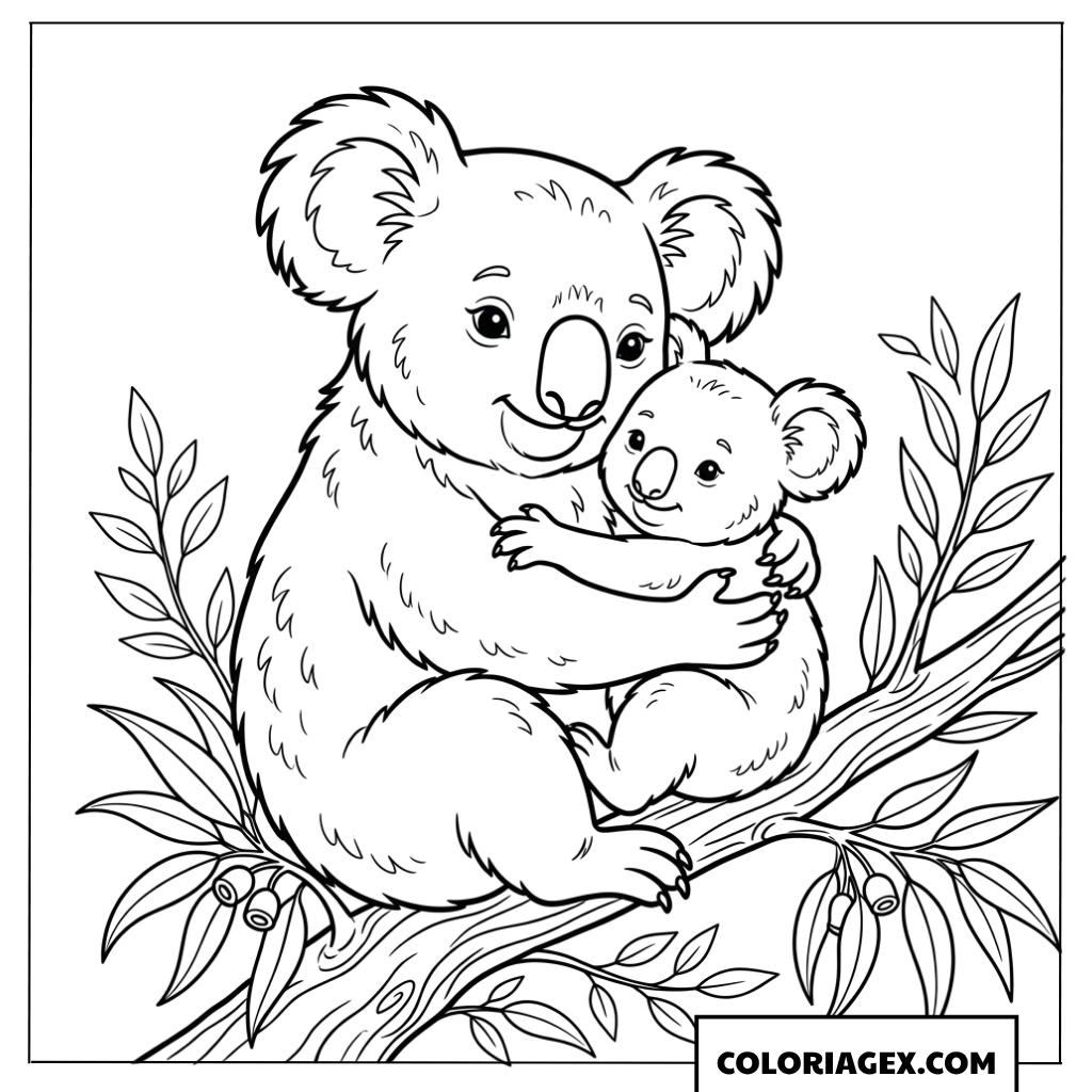 Dessin de Koala maman faisant un gros calin a son petit