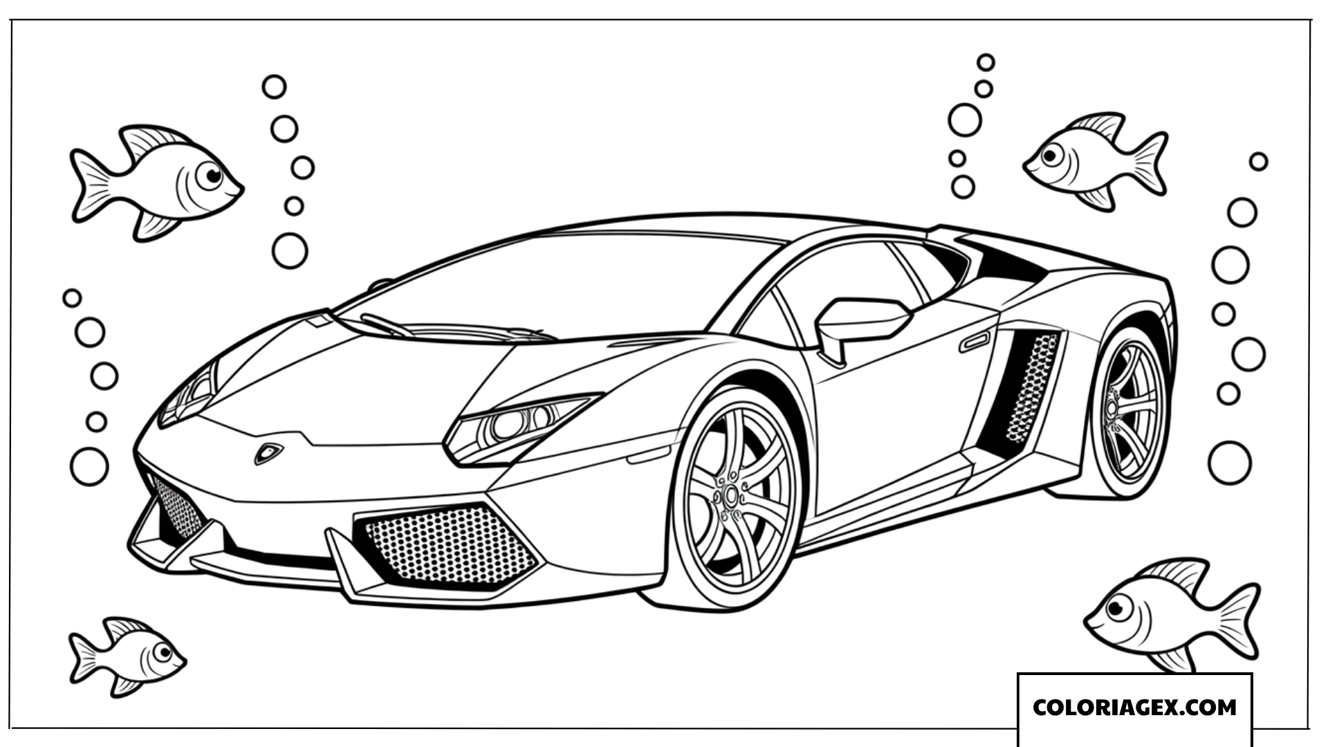 Dessin de Lamborghini sous marine avec des poissons