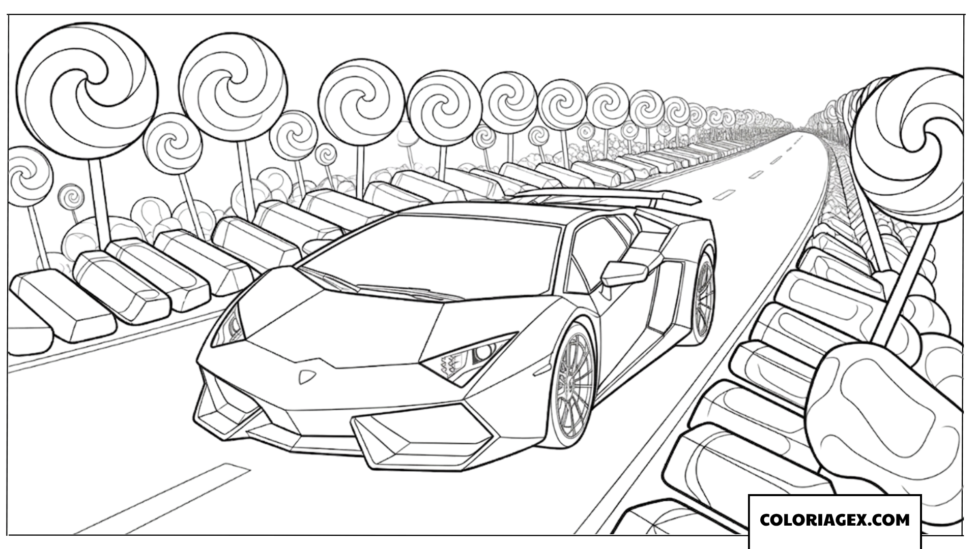 Dessin de Lamborghini sur une route de bonbons