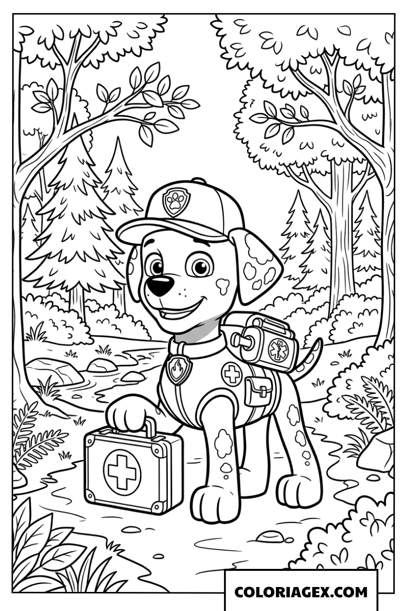 Dessin de Marcus le chiot secouriste en foret