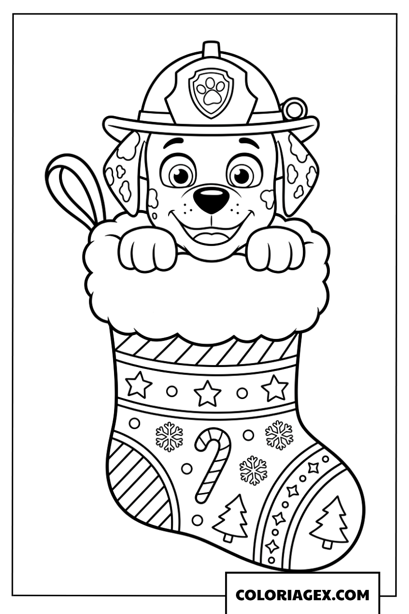 Dessin de Marshall Paw Patrol dans une chaussette de Noël