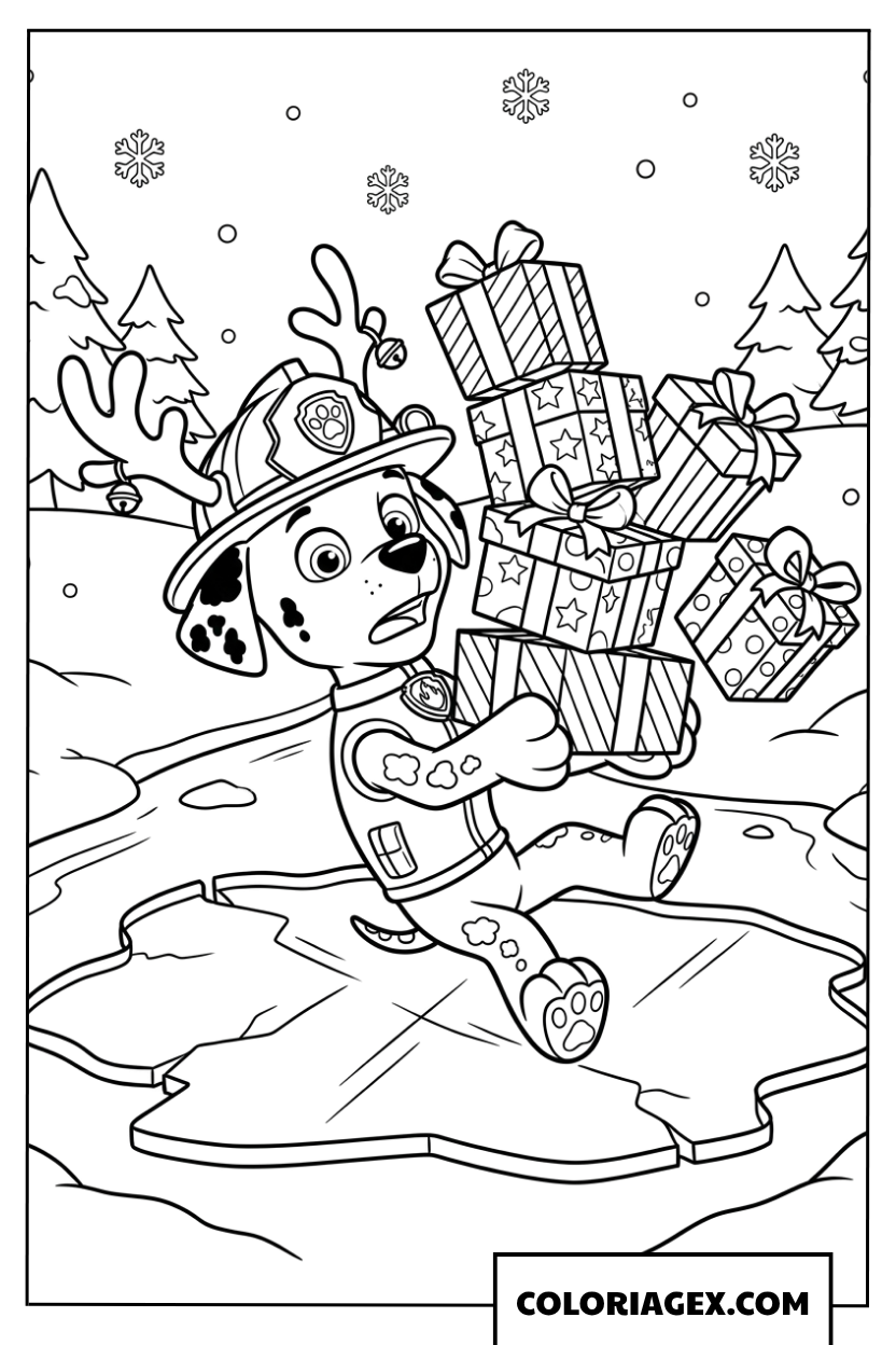 Dessin de Marshall Paw Patrol glissant sur la glace