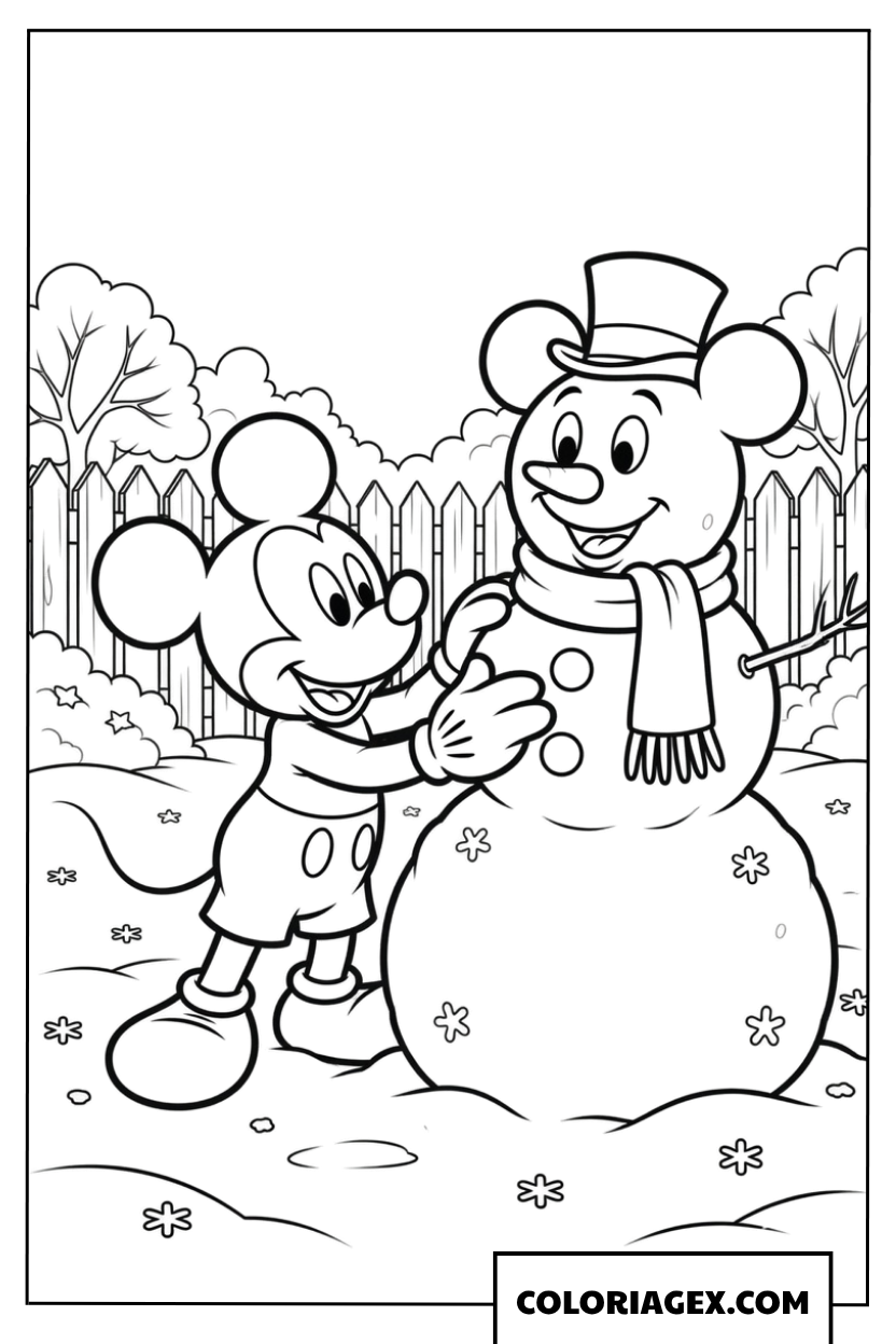 Dessin de Mickey Mouse construisant joyeusement un bonhomme de neige