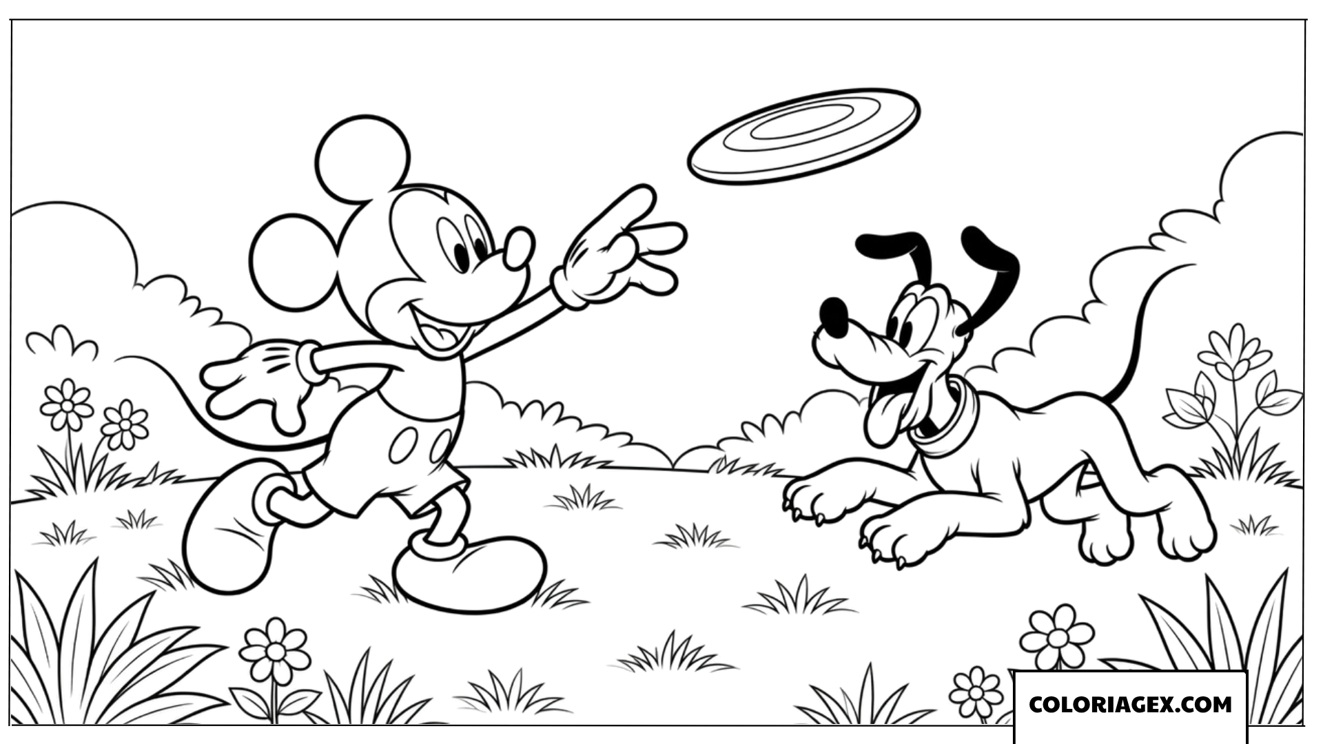 Dessin de Mickey Mouse jouant au frisbee avec Pluto dans le jardin