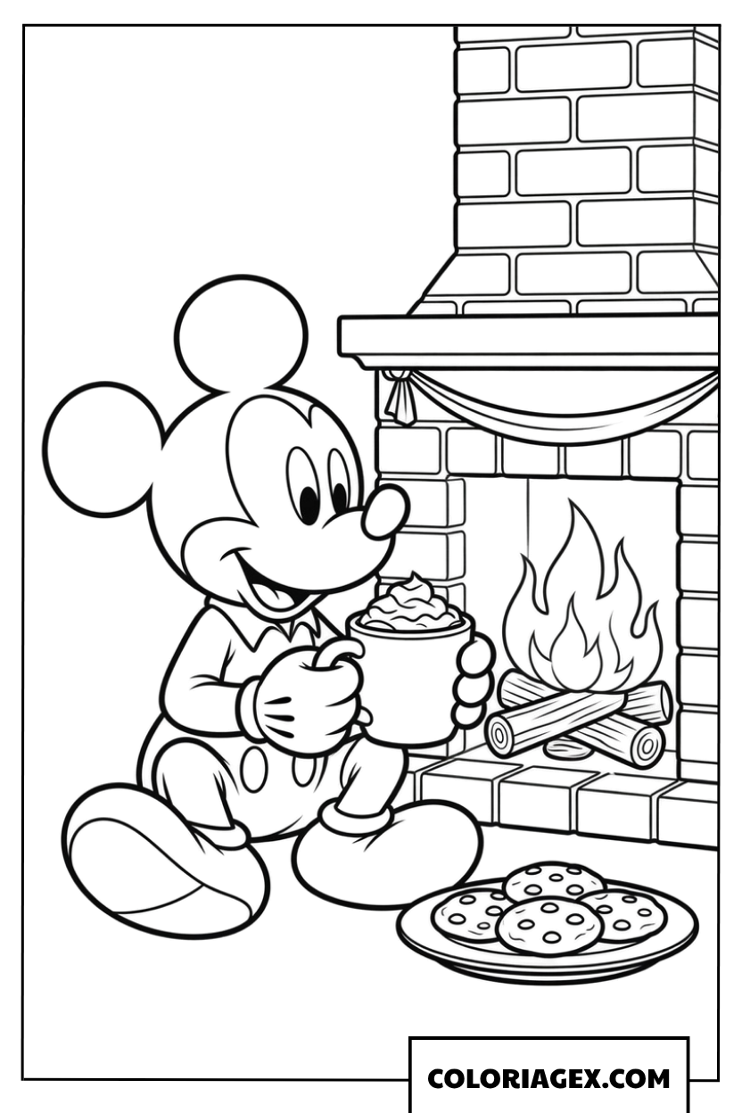 Dessin de Mickey au chaud près de la cheminée à Noël
