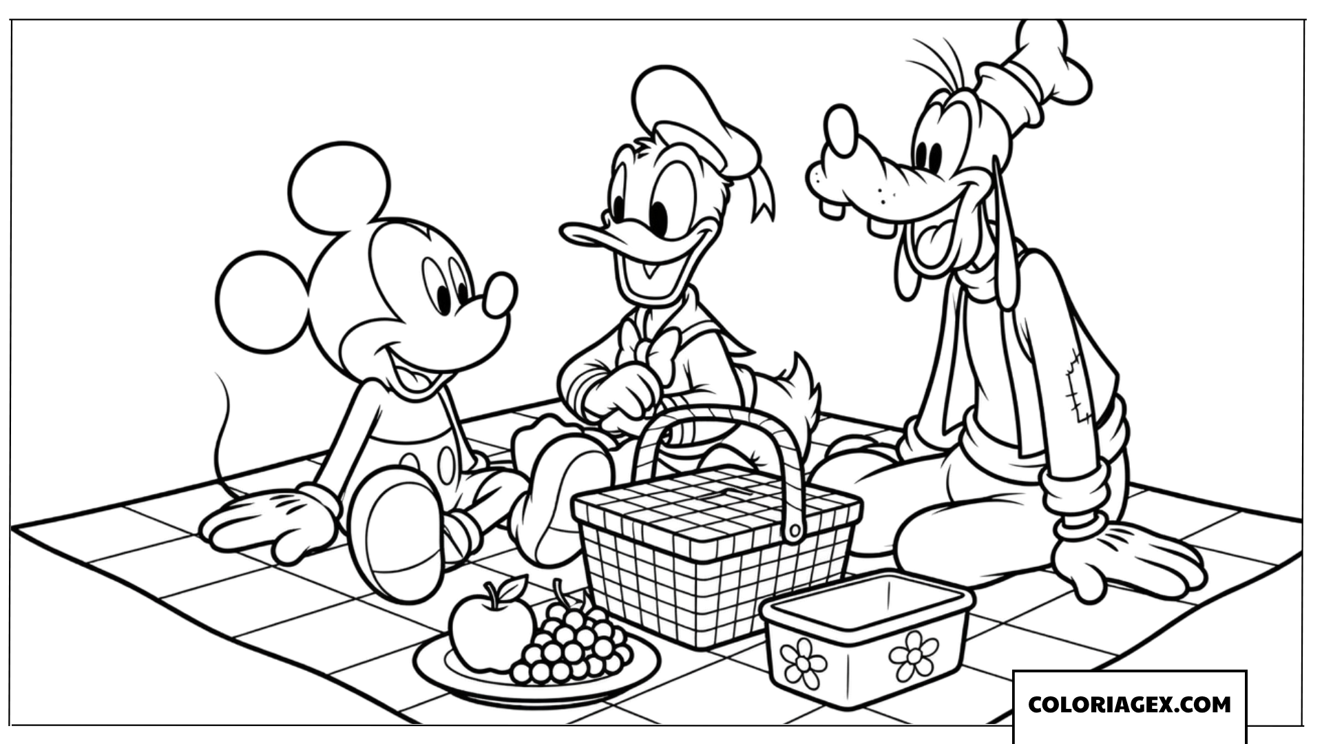 Dessin de Mickey avec Donald et Goofy profitant d'un pique nique