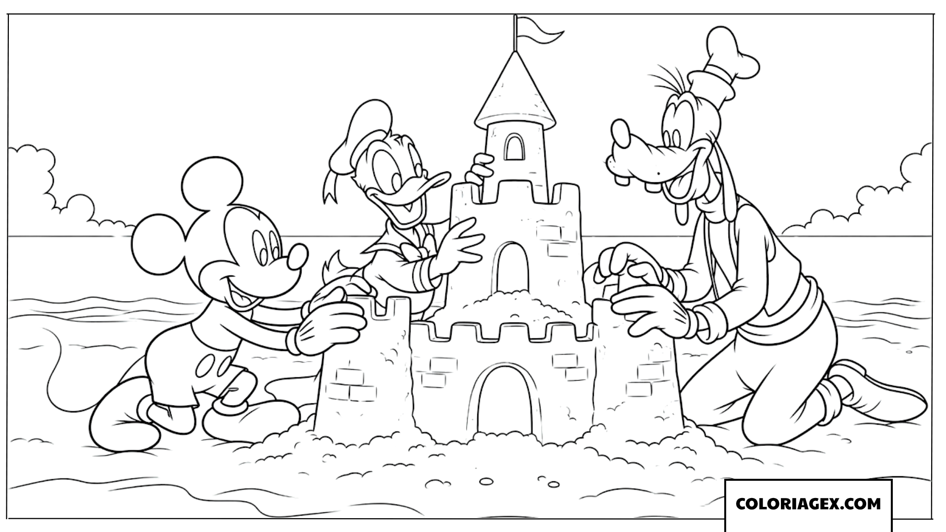 Dessin de Mickey et ses amis construisant un chateau de sable