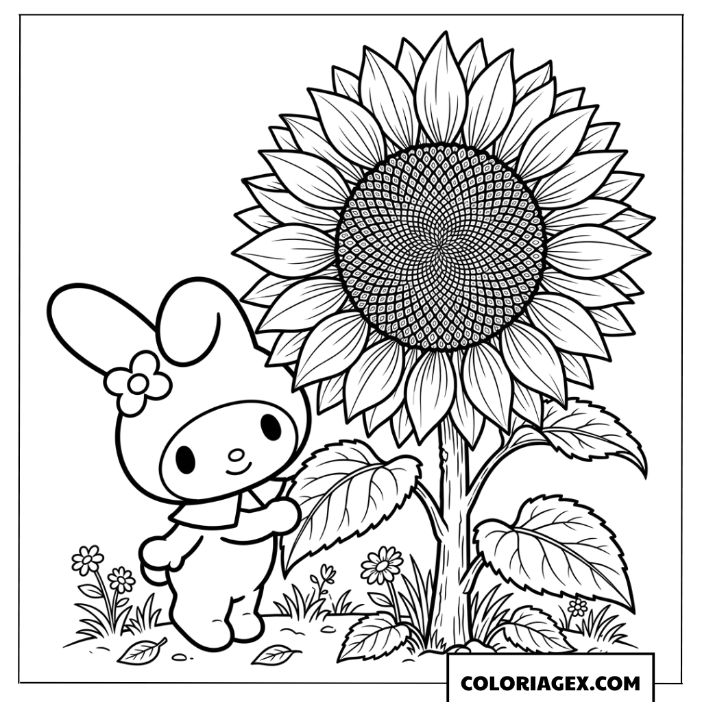 Dessin de My Melody avec un tournesol aux details realistes
