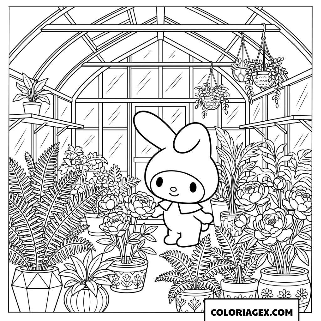 Dessin de My Melody dans une serre botanique remplie de fleurs