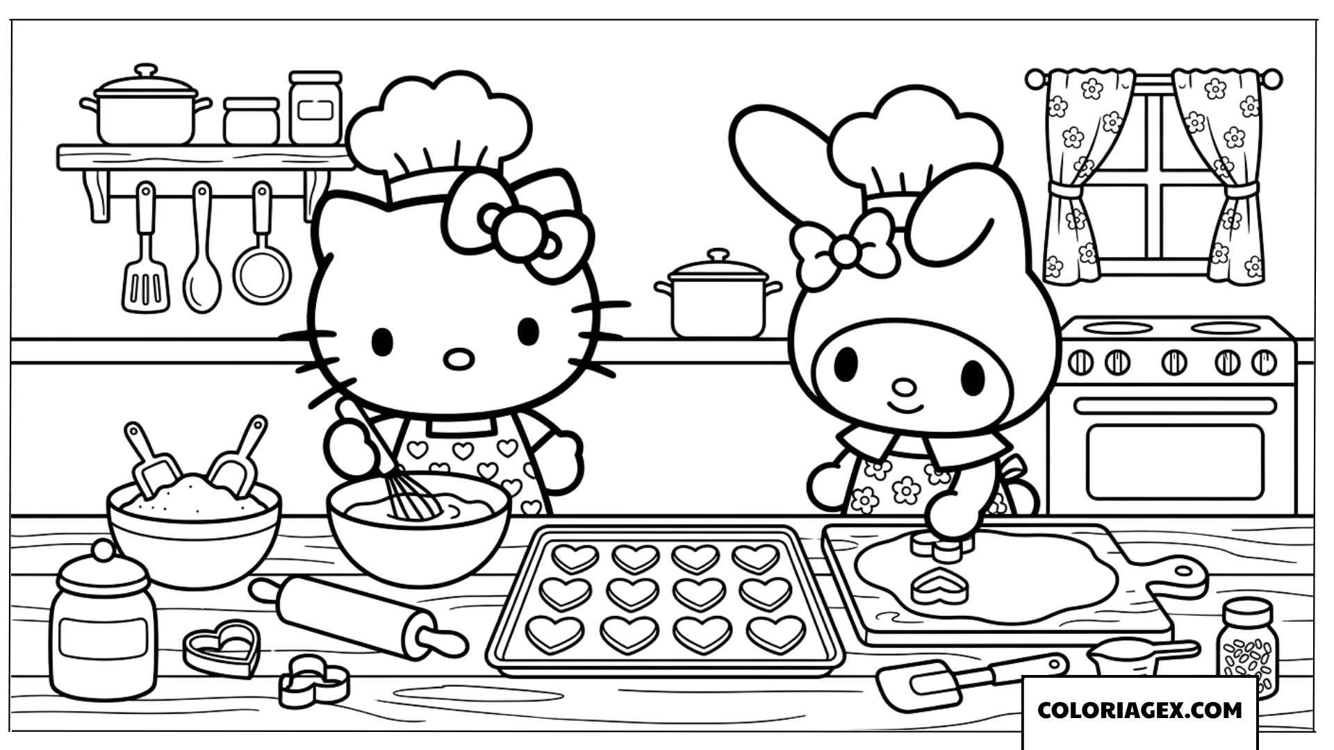 Dessin de My Melody et Hello Kitty faisant des biscuits