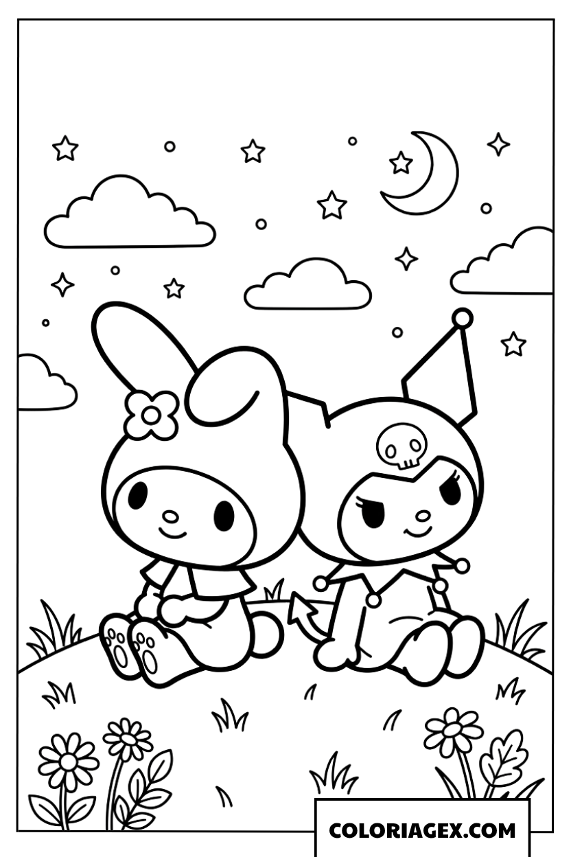 Dessin de My Melody et Kuromi assises sur une colline