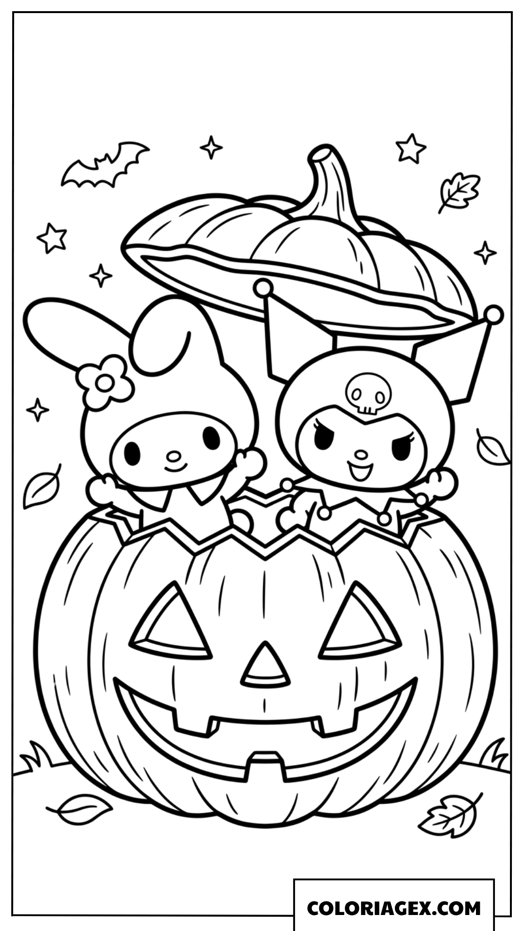 Dessin de My Melody et Kuromi dans une citrouille