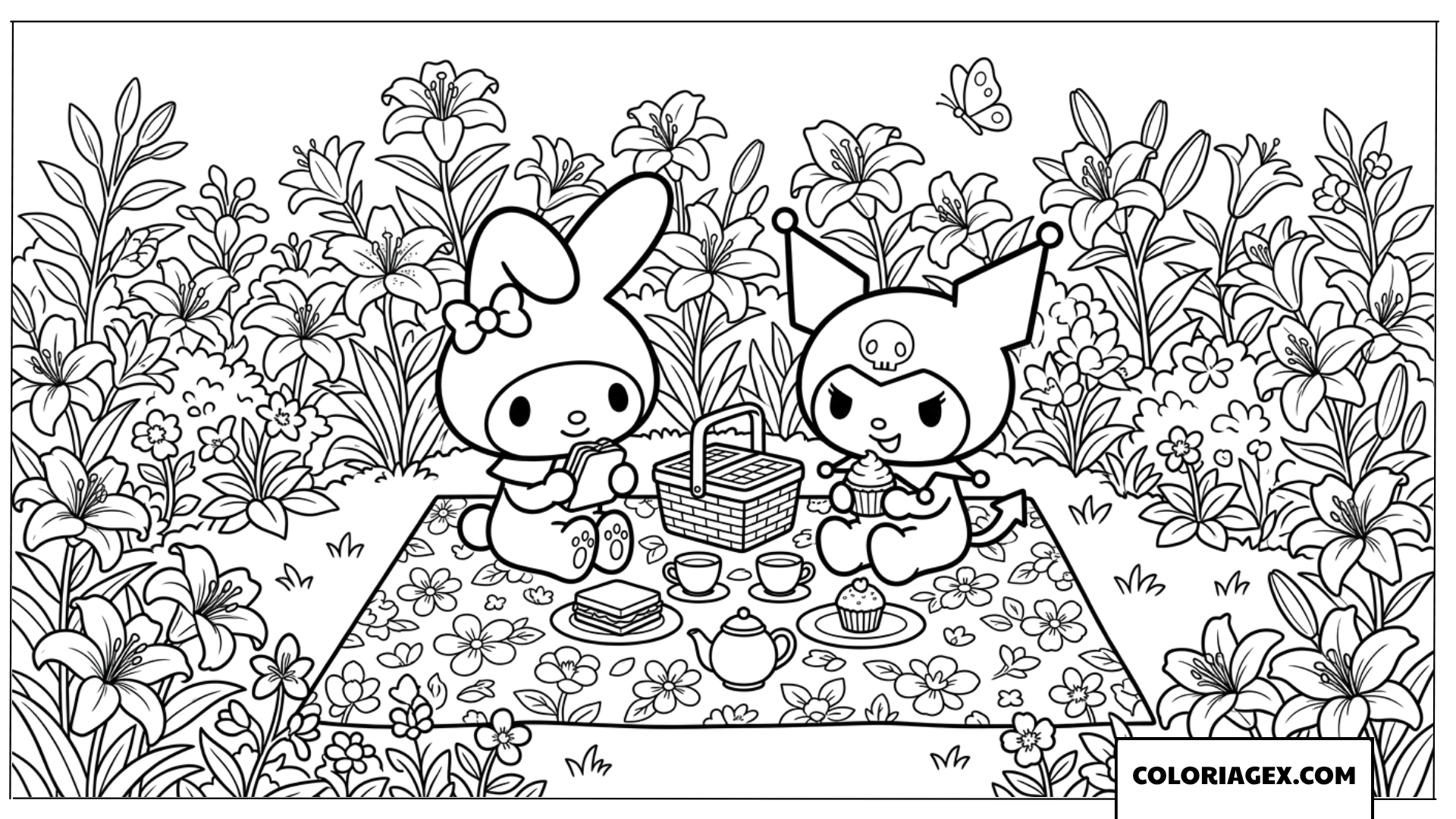 Dessin de My Melody et Kuromi en pique nique dans le jardin