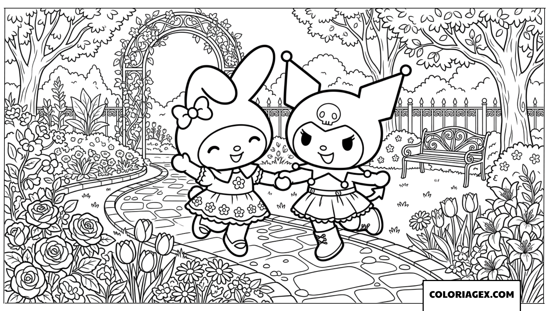 Dessin de My Melody et Kuromi se tenant la main dans un jardin