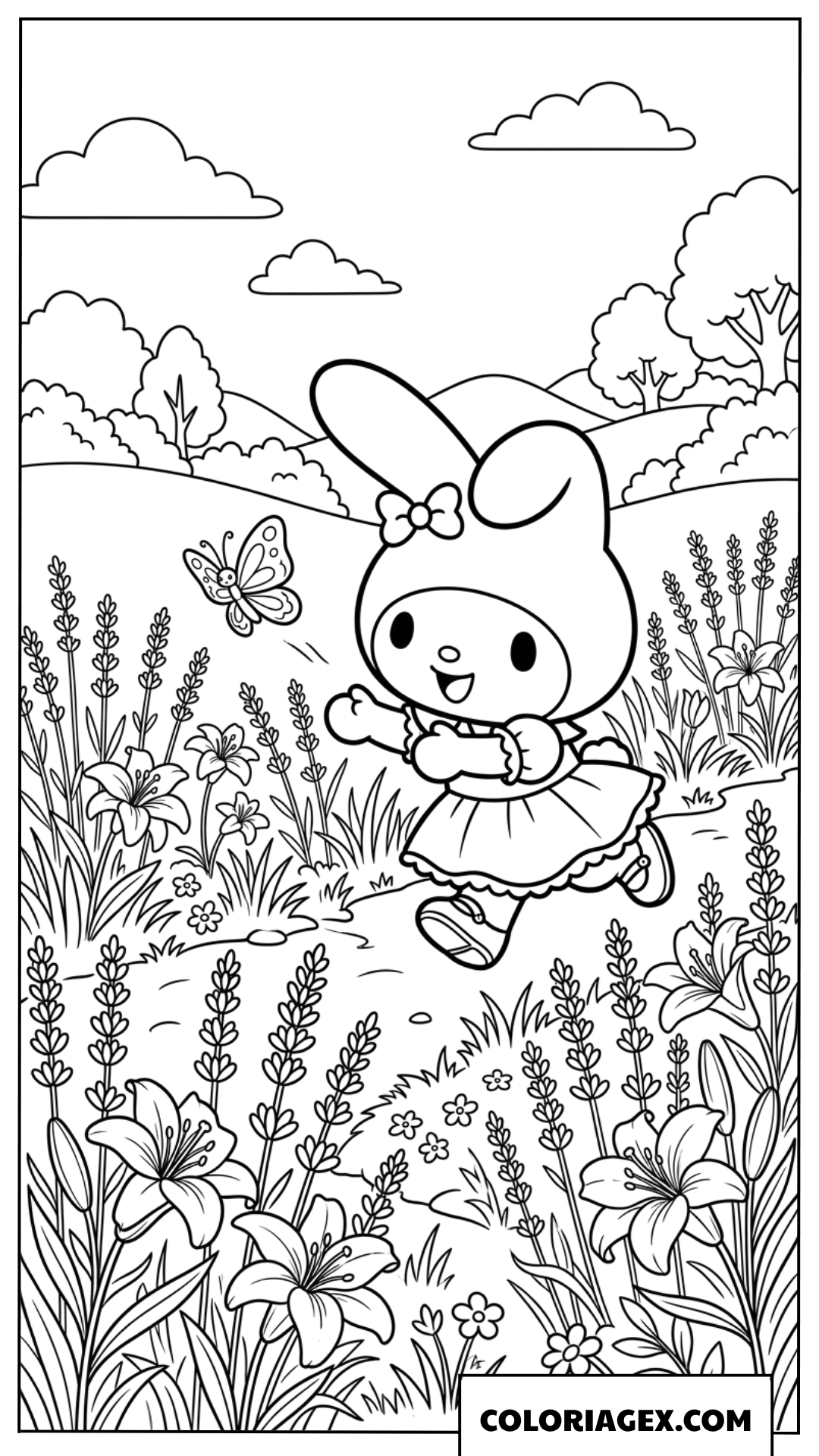 Dessin de My Melody poursuivant un papillon dans les champs