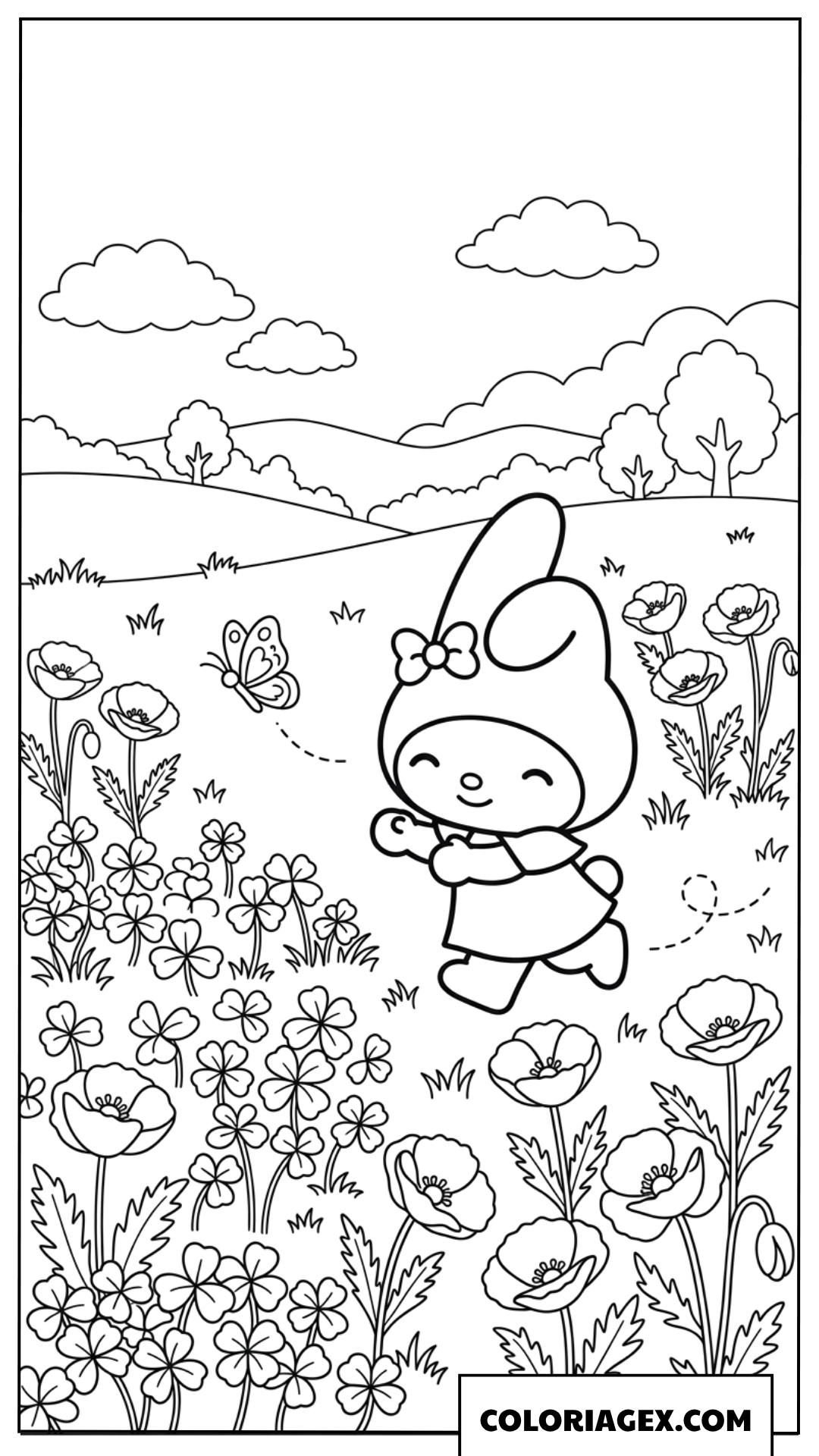 Dessin de My Melody poursuivant un papillon dans une prairie fleurie