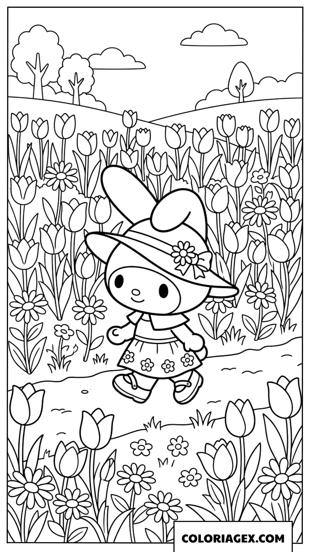 Dessin de My Melody se promenant paisiblement dans un champ de tulipes