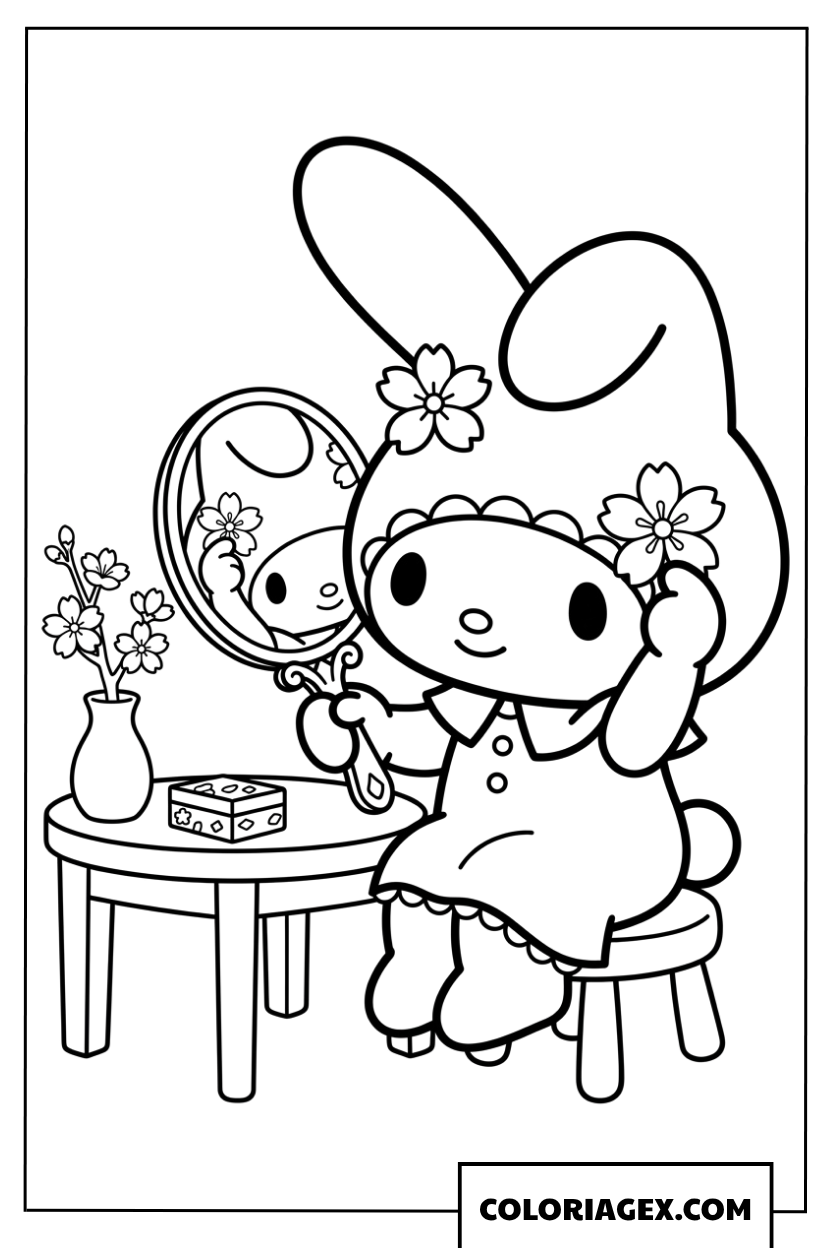 Dessin de My Melody se regardant dans un miroir avec des fleurs