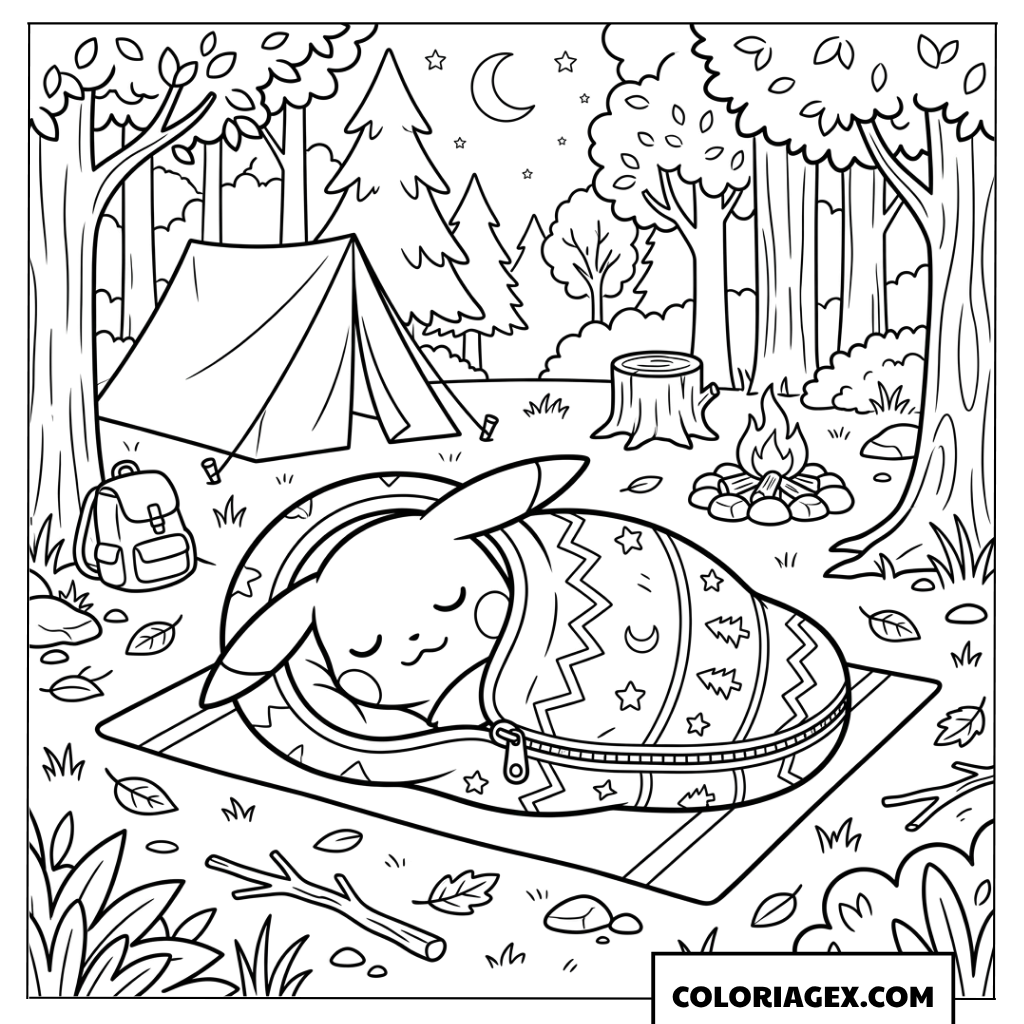 Dessin de Pikachu dormant dans son sac de couchage