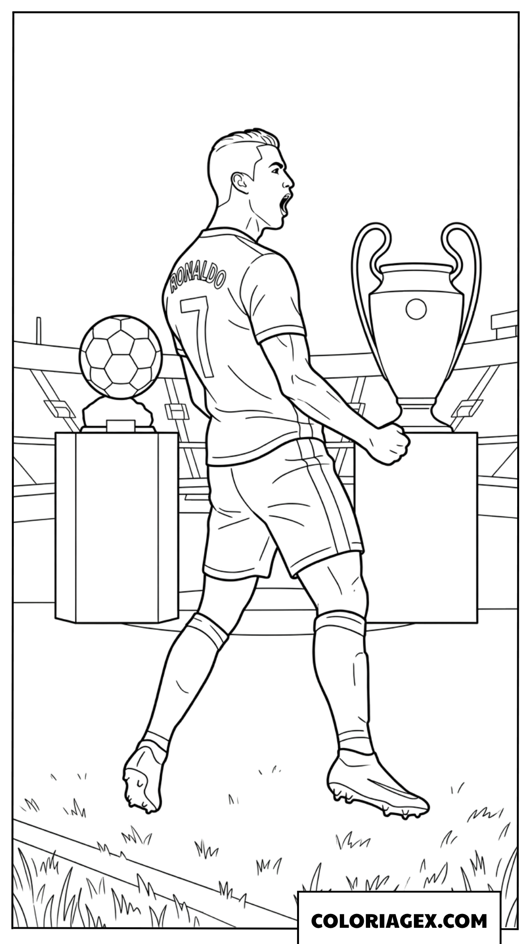 Dessin de Ronaldo célébrant avec son geste Siuuu légendaire près du trophée