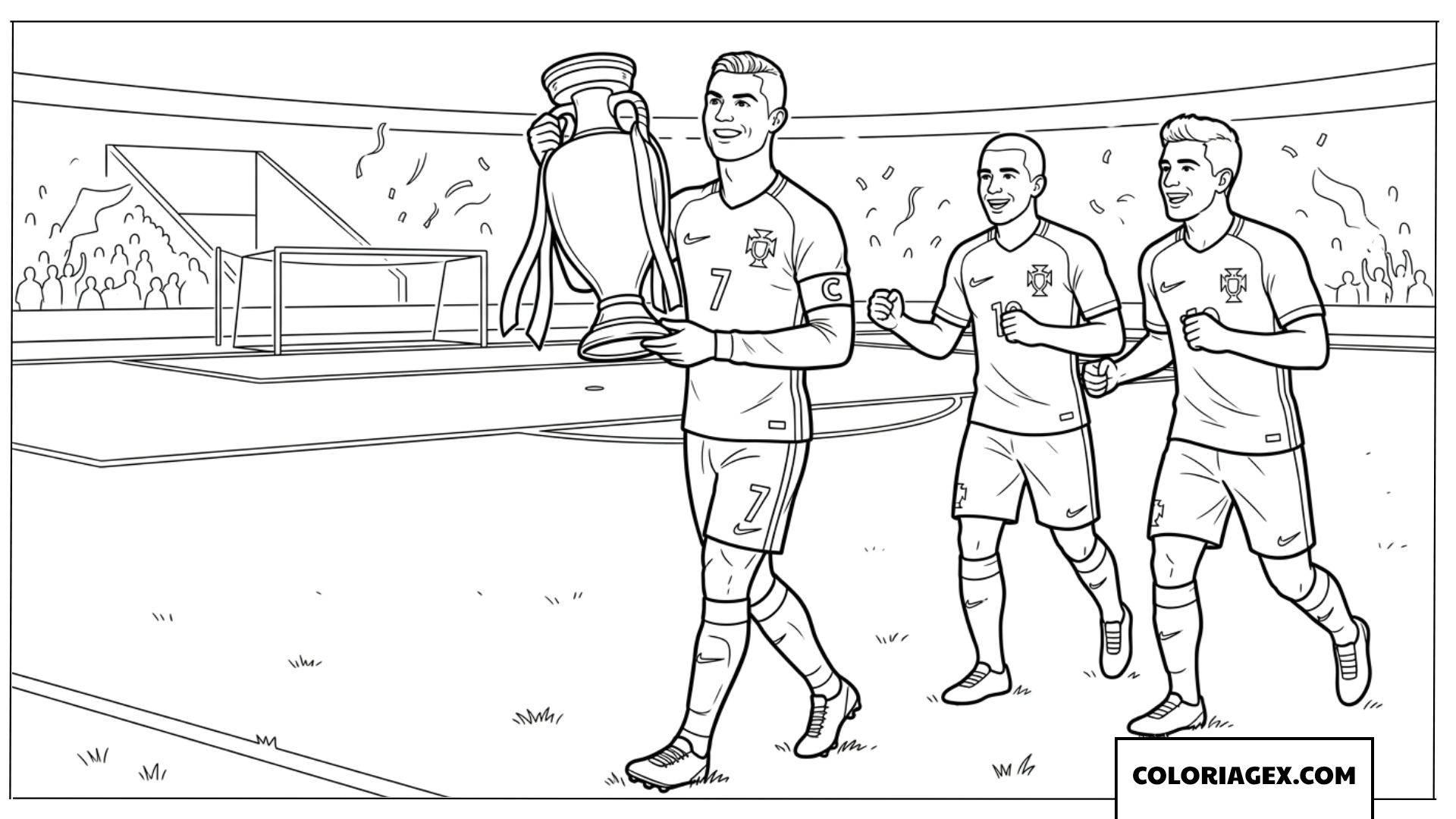 Dessin de Ronaldo menant ses coéquipiers pour fêter la victoire à l'Euro