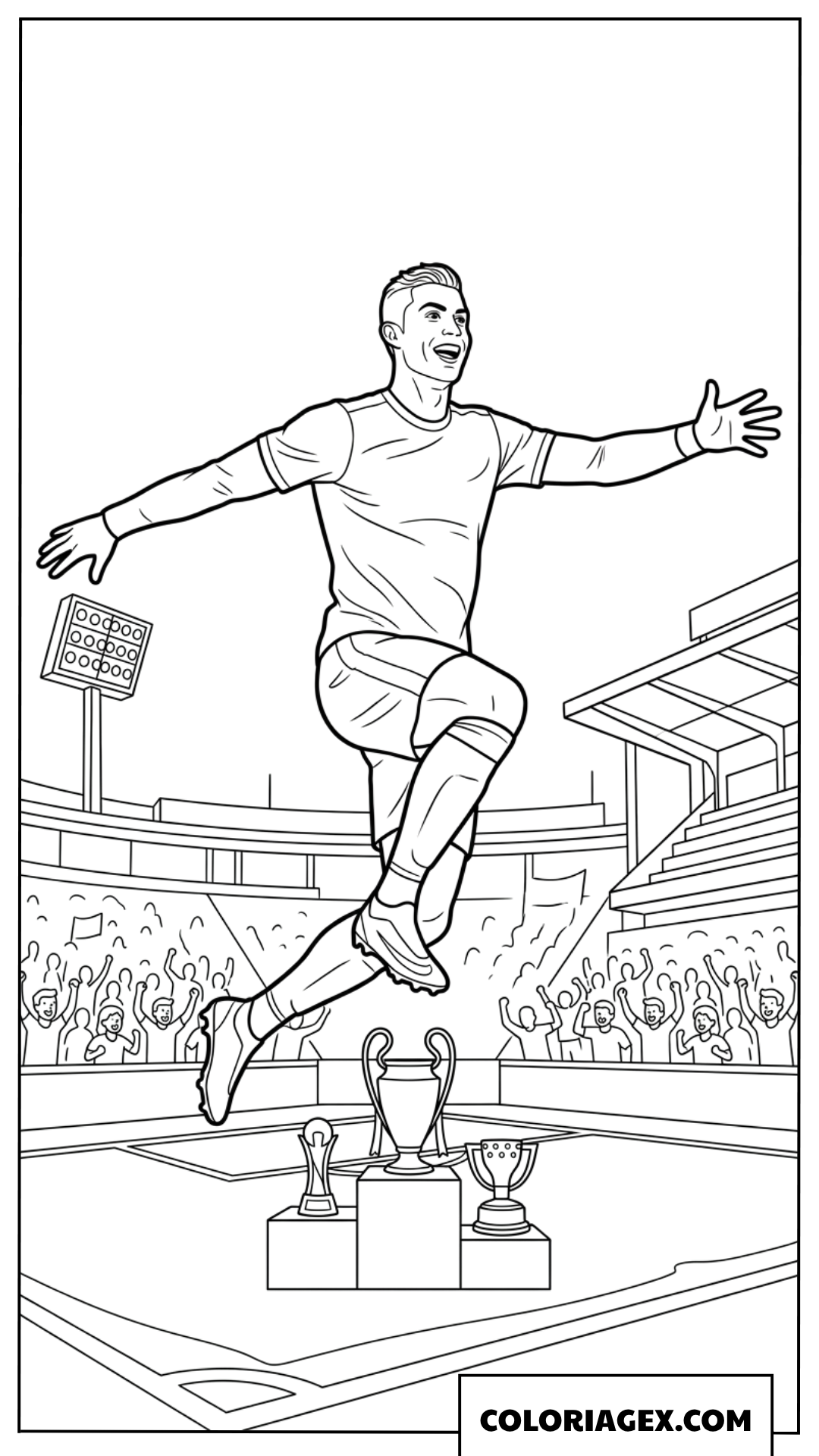 Dessin de Ronaldo sautant sur le podium devant la foule dans le stade