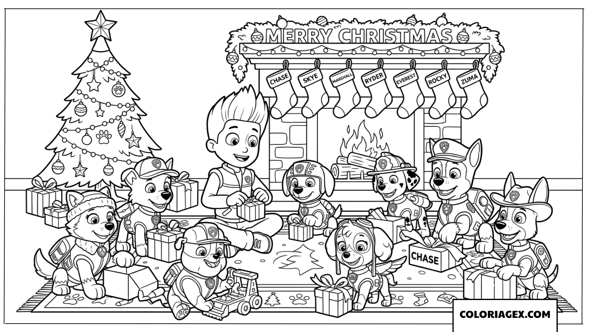 Dessin de Ryder et les chiots ouvrant des cadeaux de Noël