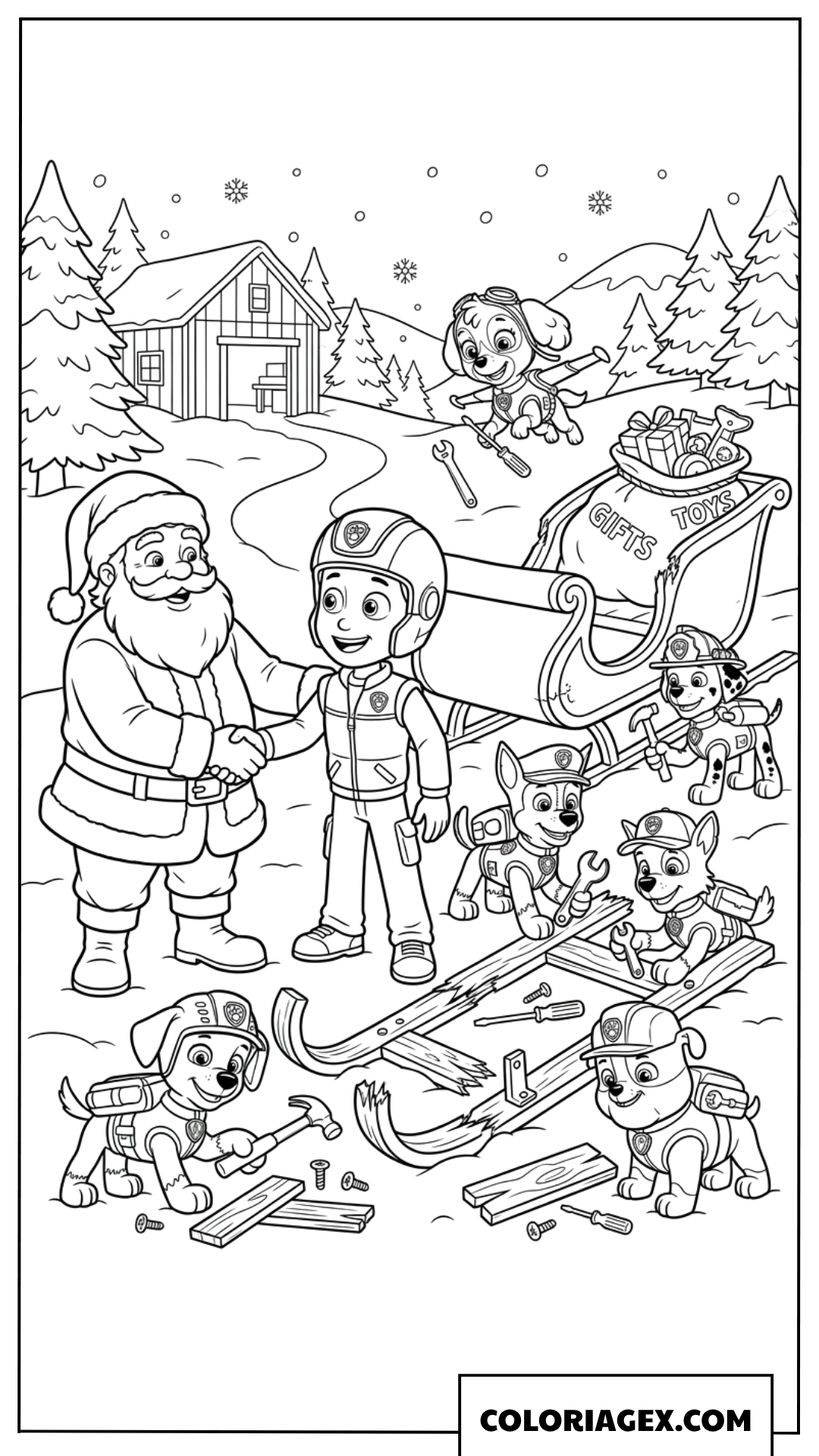 Dessin de Ryder serrant la main du Père Noël et des chiots réparant le traîneau