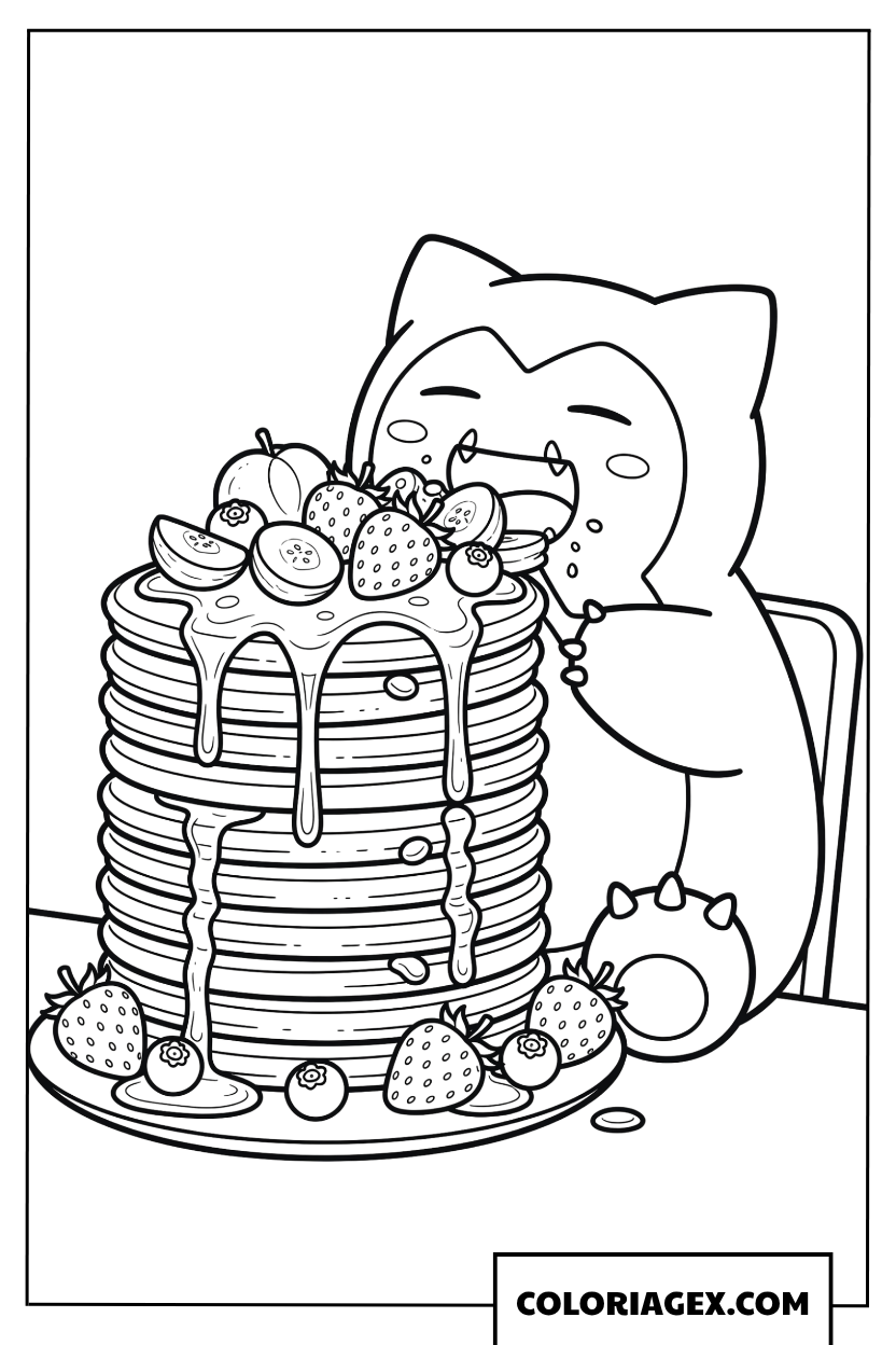 Dessin de Snorlax savourant une pile de pancakes