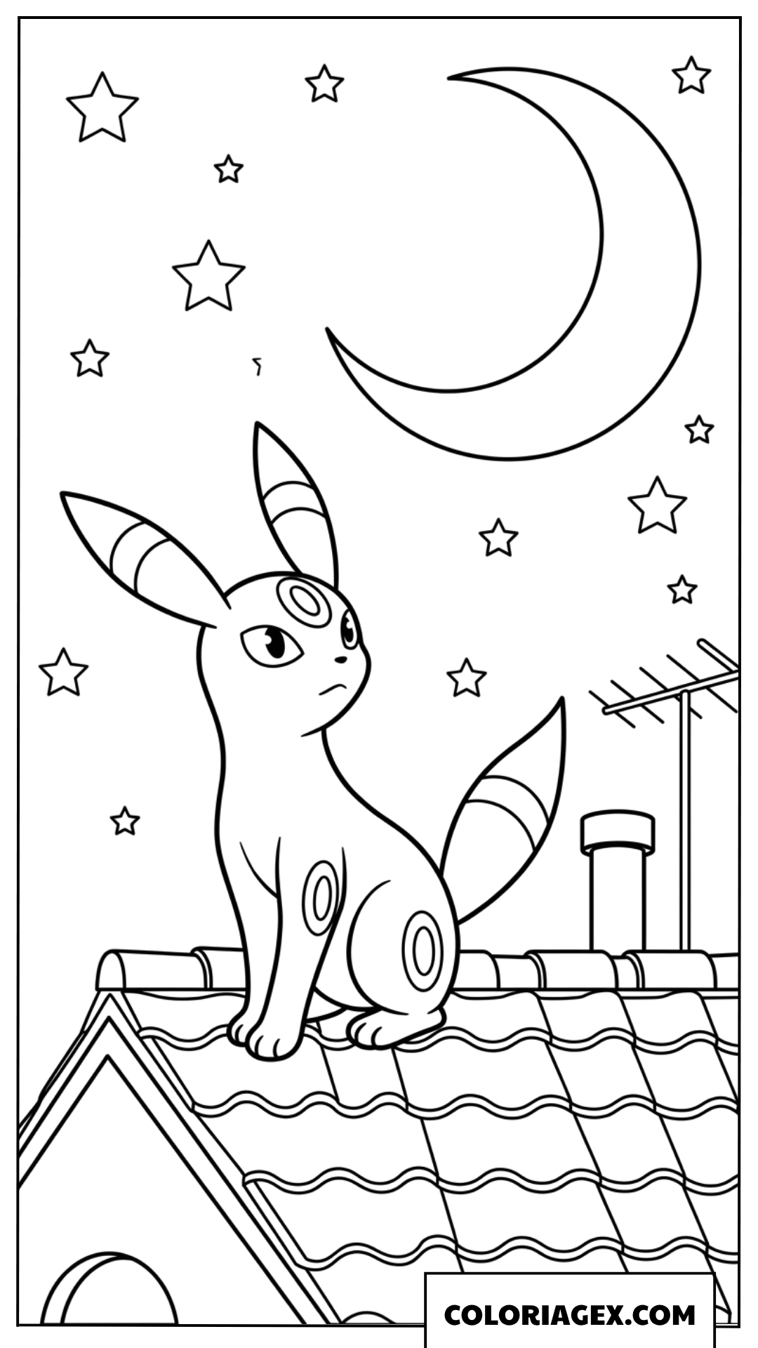 Dessin de Umbreon assis sur un toit en regardant la lune