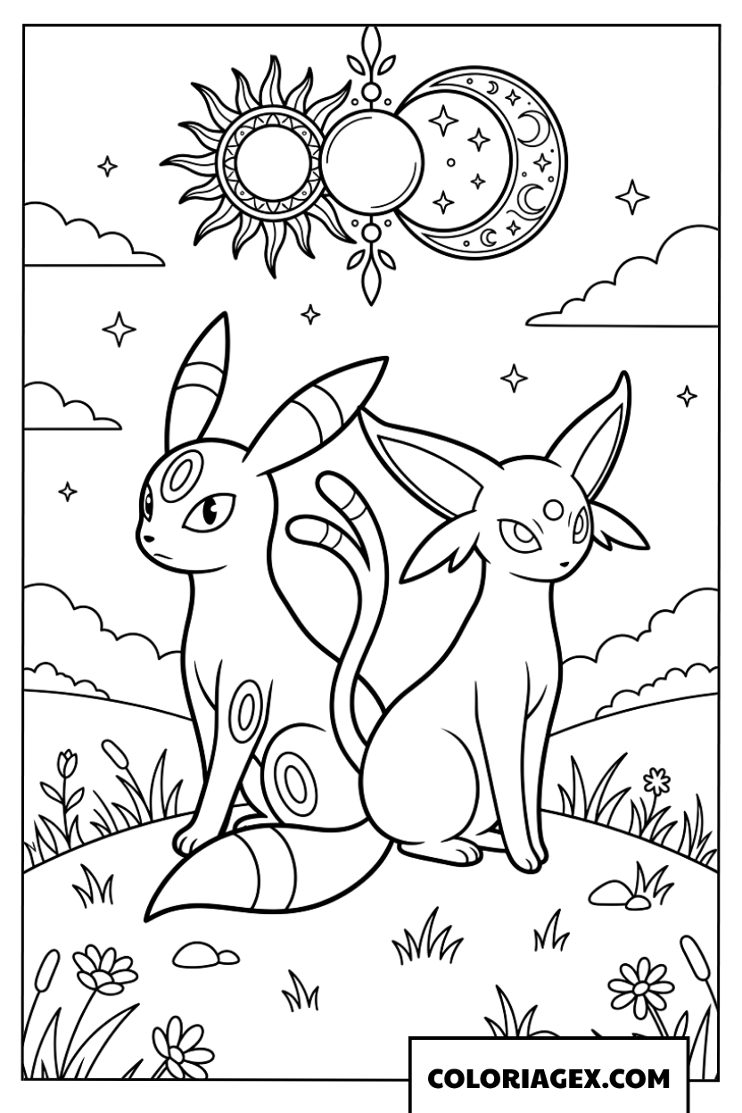Dessin de Umbreon et Espeon sous le soleil et la lune