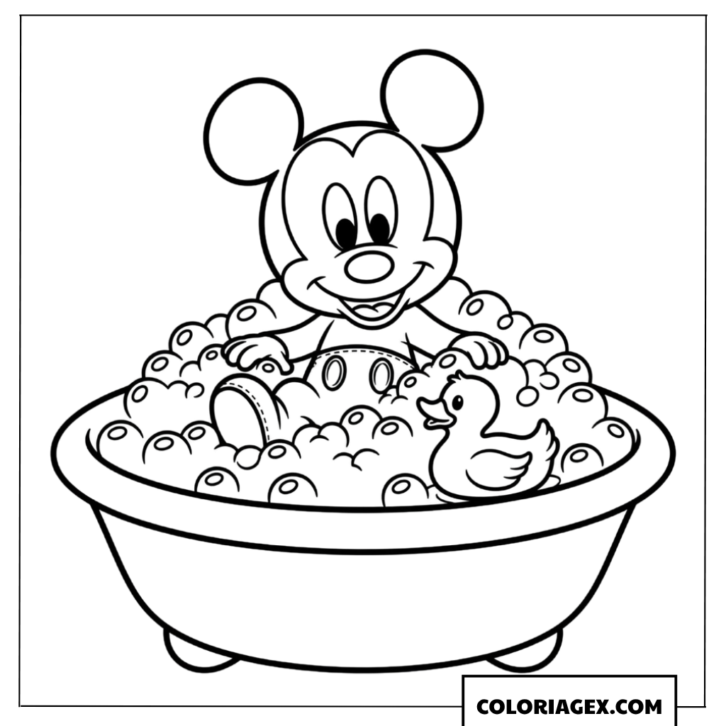 Dessin de bebe Mickey prenant un bain avec un petit canard