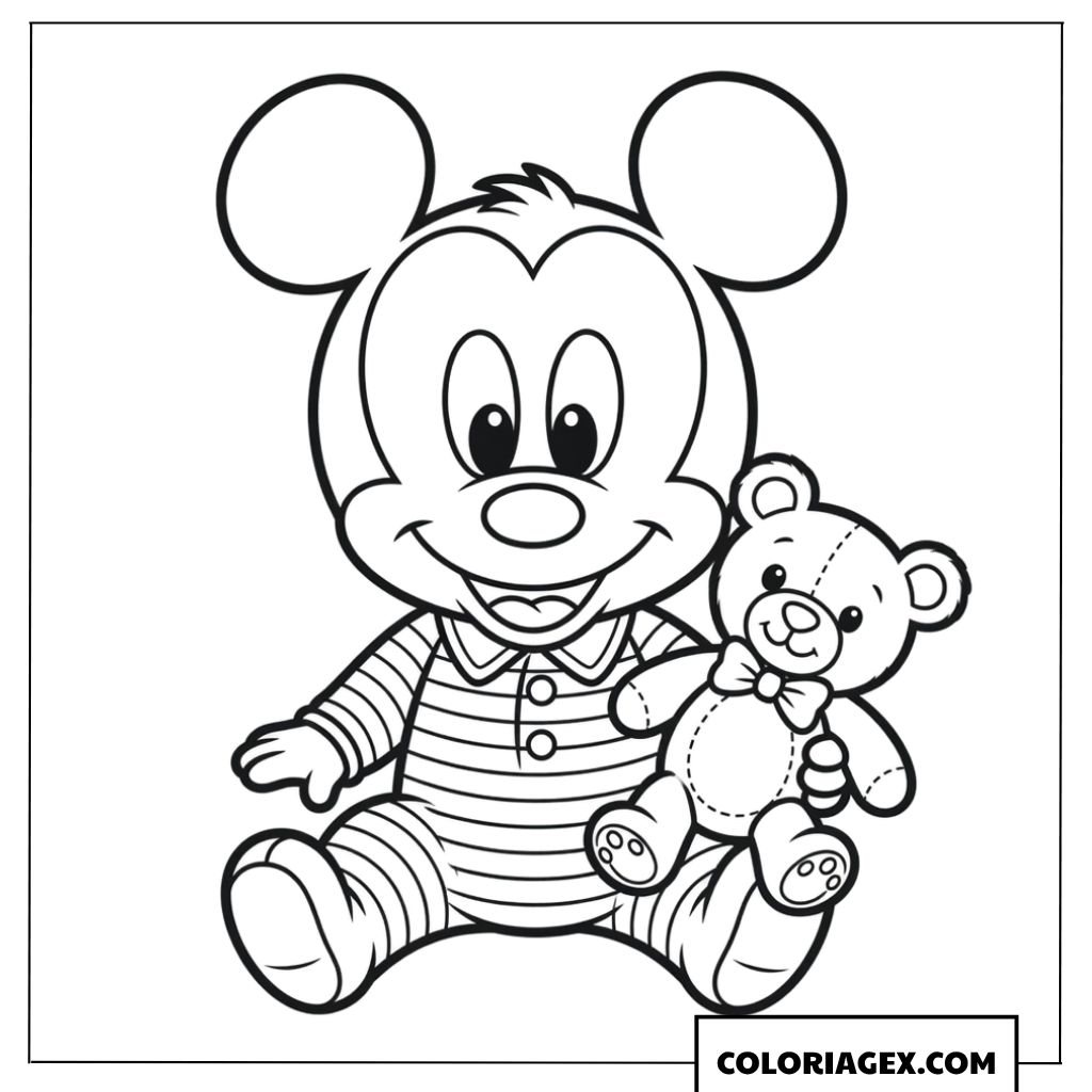Dessin de bebe Mickey tenant un joli ours en peluche