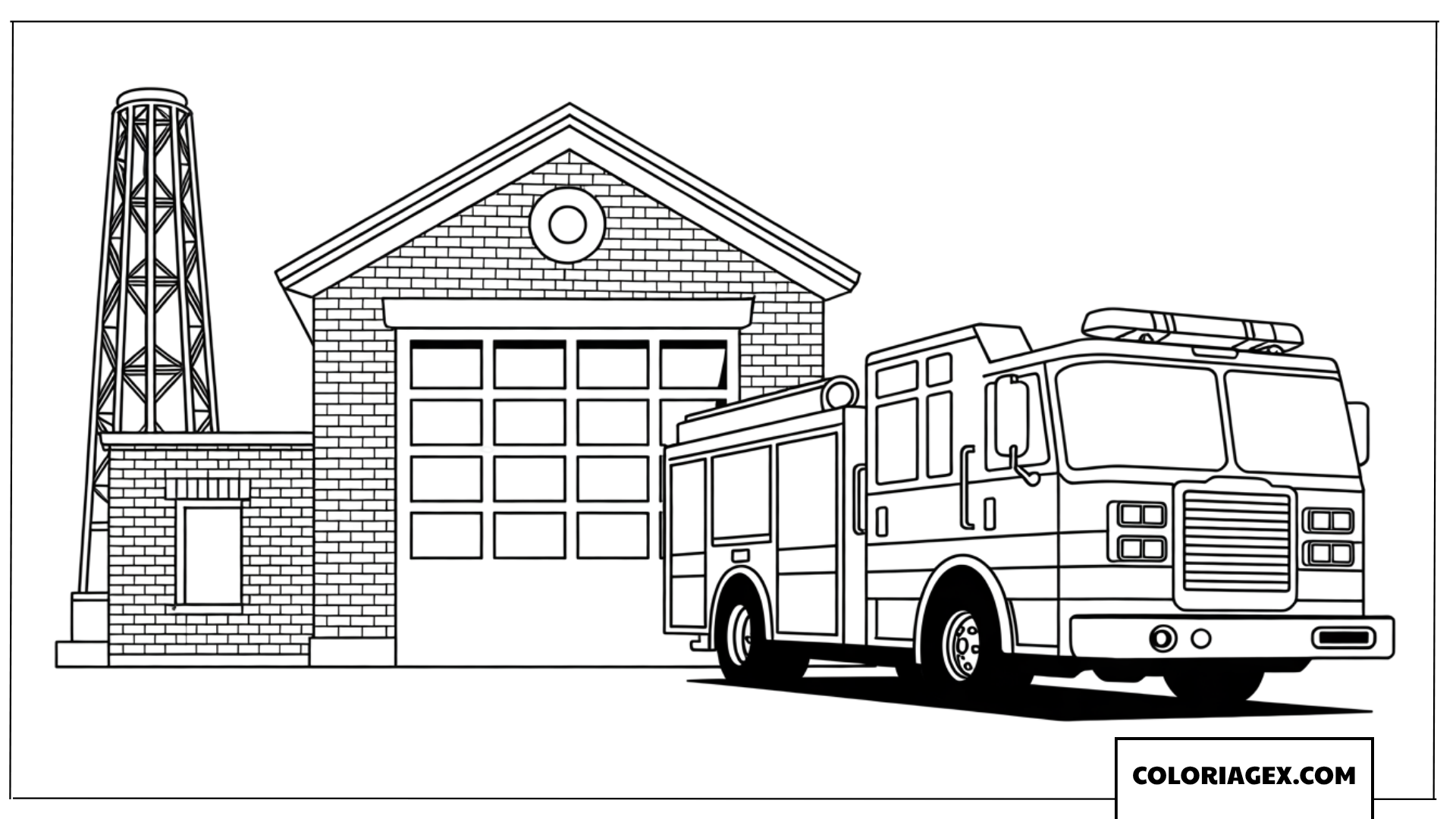 Dessin de camion de pompier devant une caserne en briques