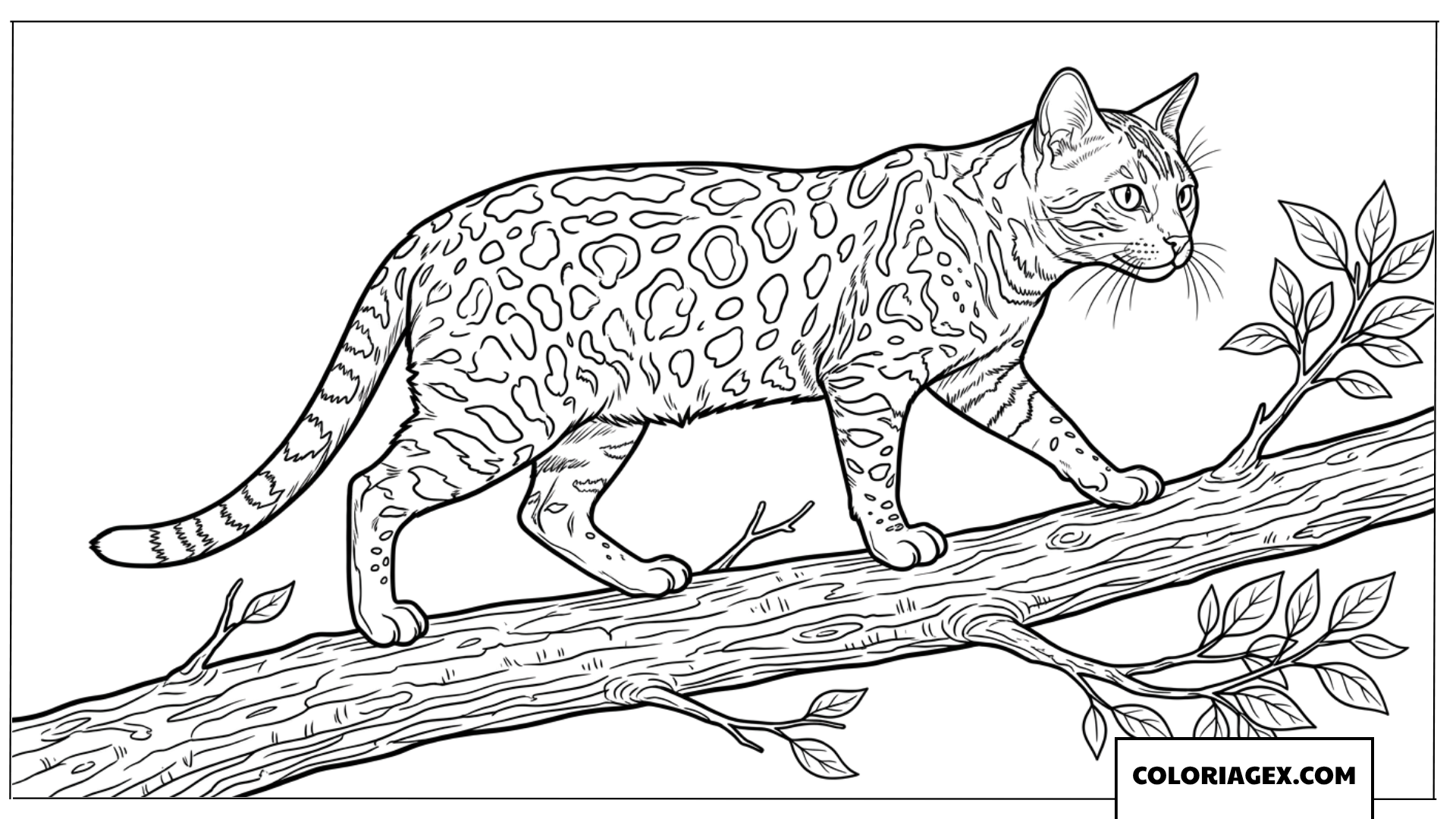 Dessin de chat Bengal marchant sur une branche d'arbre