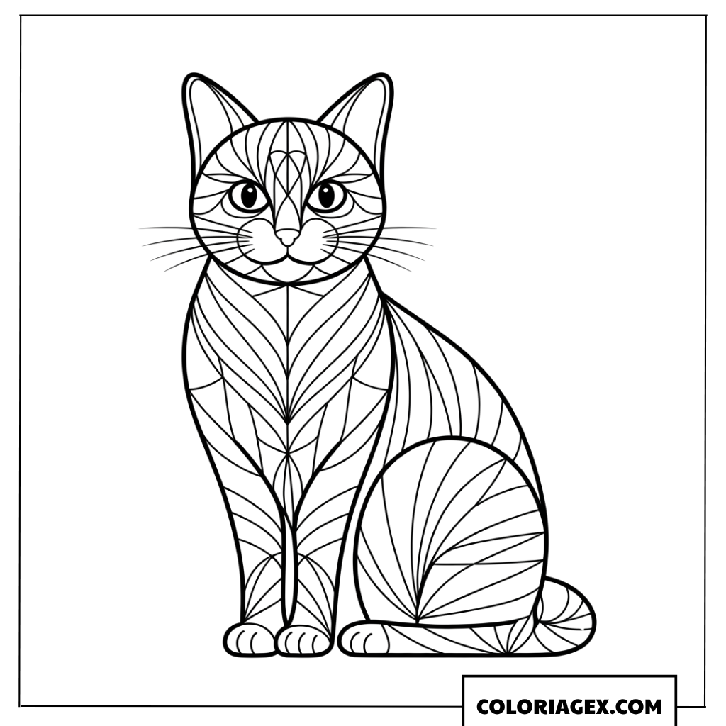 Dessin de chat assis paisiblement aux motifs symétriques