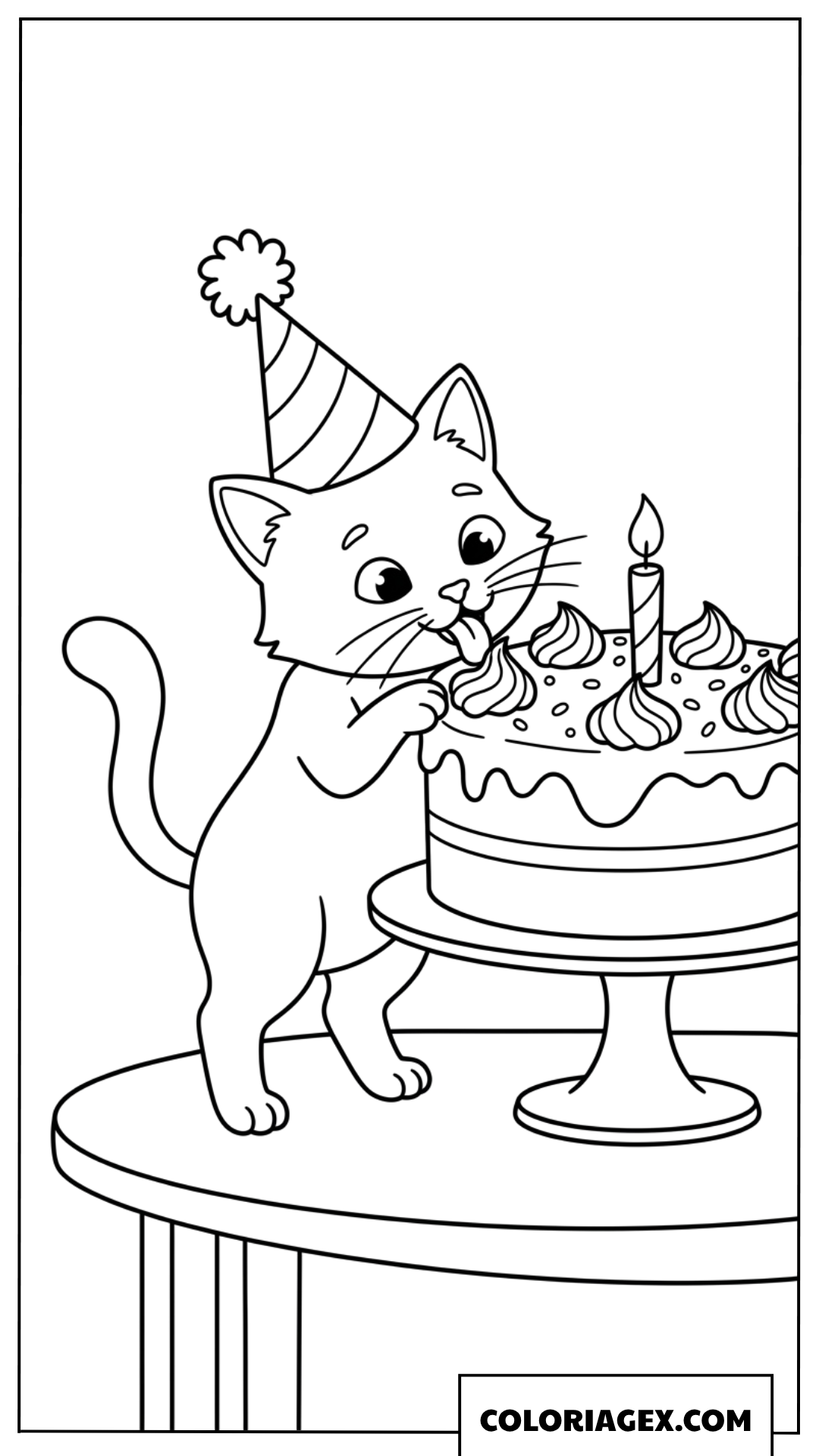 Dessin de chaton gourmand avec un chapeau de fete