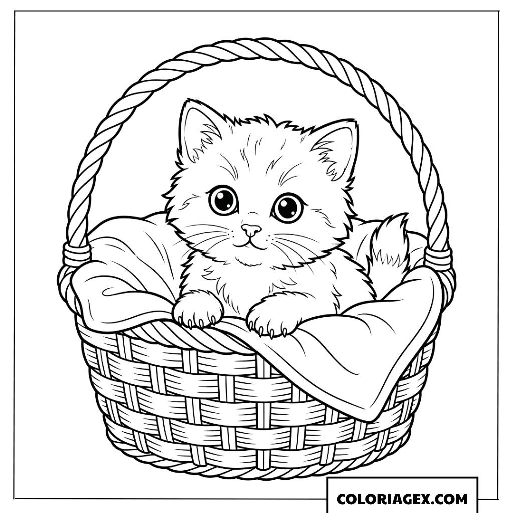 Dessin de chaton mignon assis sagement dans un panier