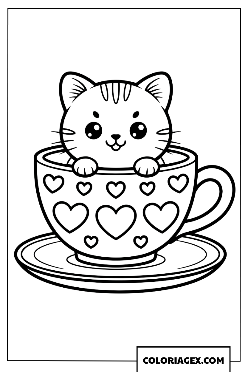Dessin de chaton mignon dans une tasse à thé fleurie de cœurs