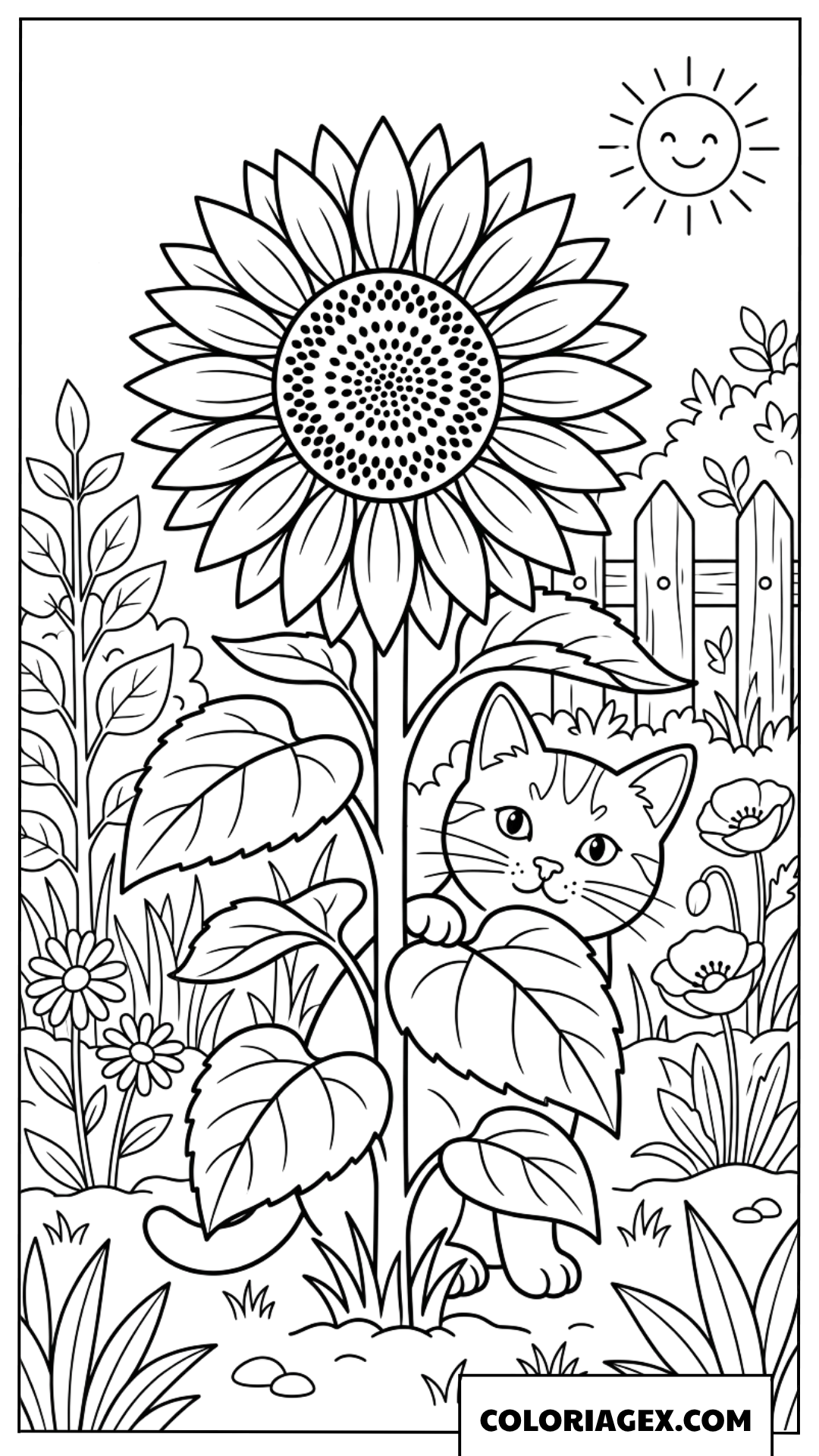 Dessin de chaton se cachant derrière un grand tournesol