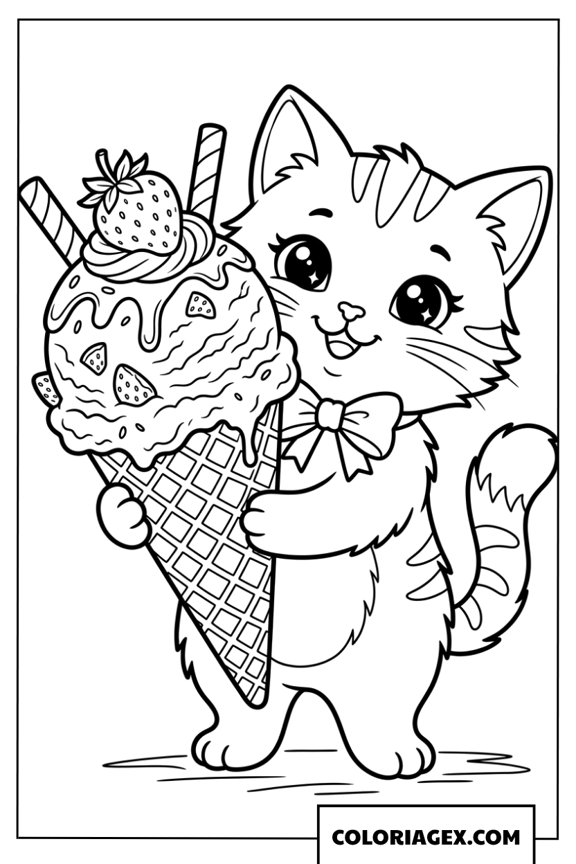 Dessin de chaton tenant une délicieuse glace à la fraise
