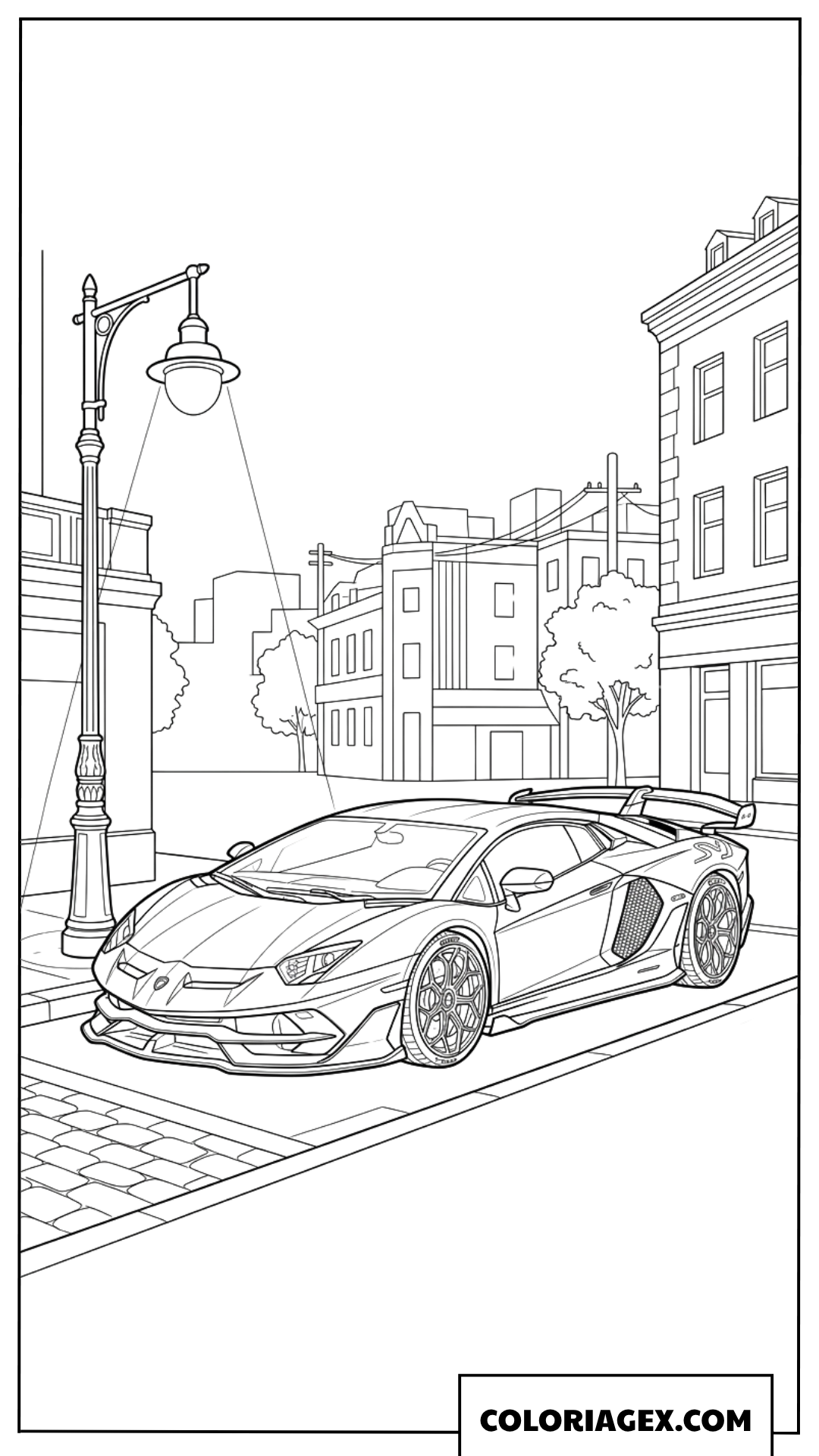 Dessin de coloriage Lamborghini Aventador SVJ dans la rue