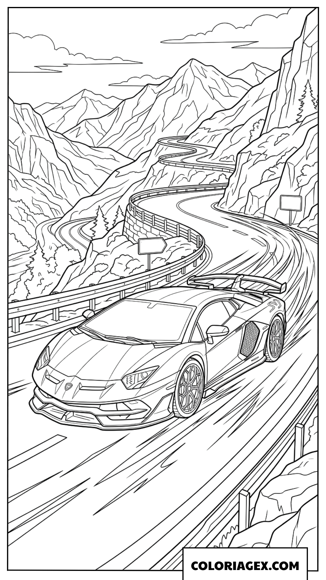 Dessin de coloriage Lamborghini Aventador SVJ sur route de montagne