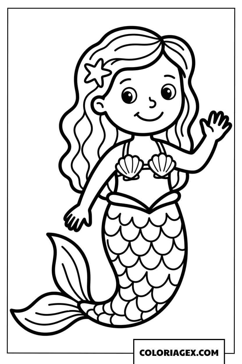 Dessin de coloriage d une charmante petite sirene qui salue de la main
