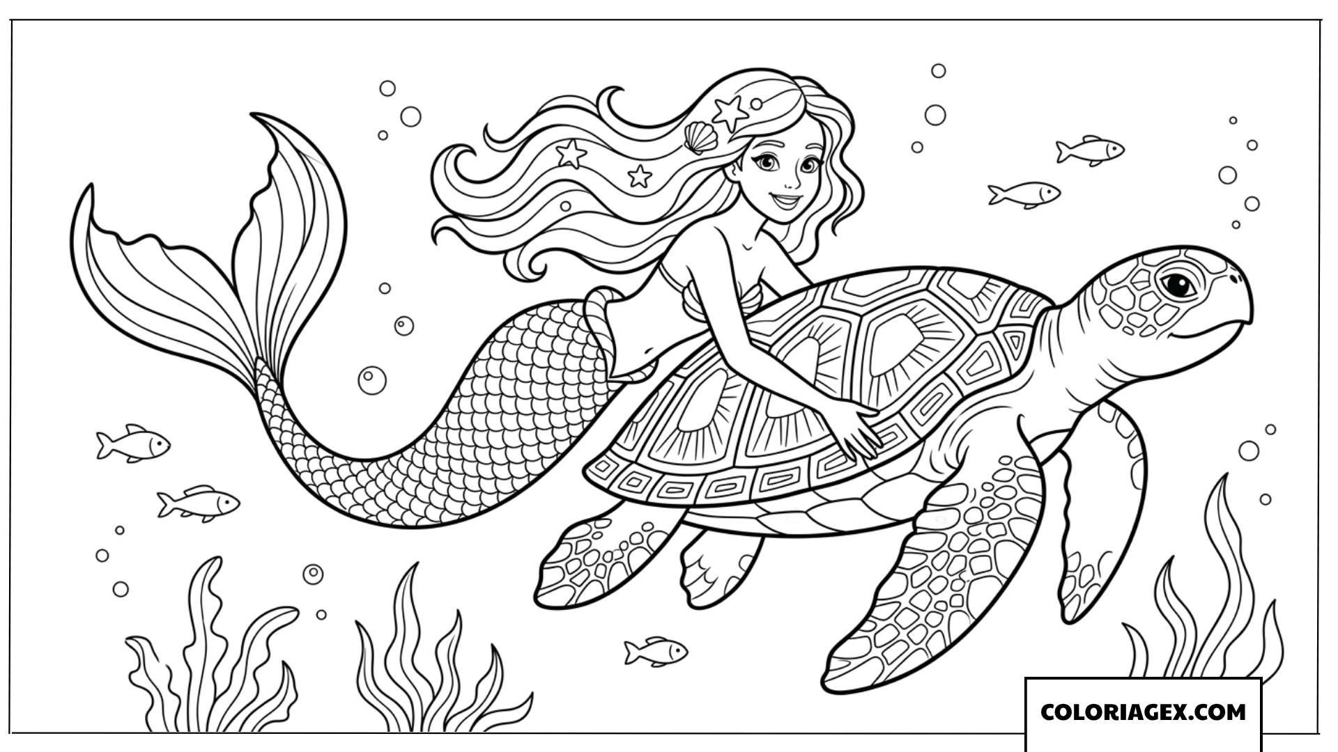 Dessin de coloriage d une gentille sirene nageant avec une tortue marine