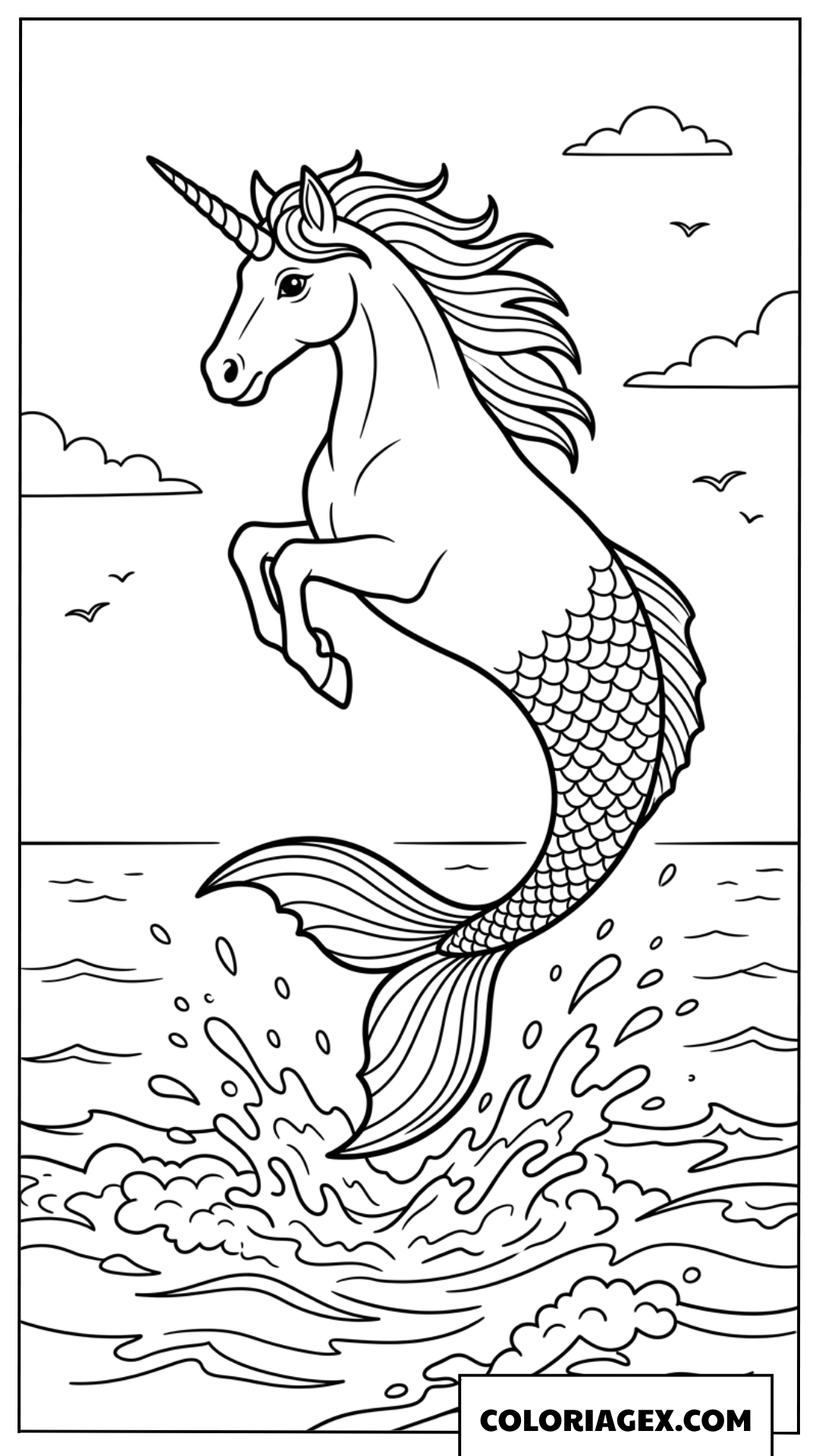 Dessin de coloriage d une licorne sirene sautant hors de l eau