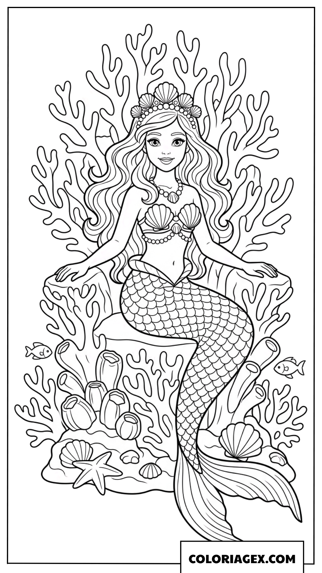 Dessin de coloriage d une princesse sirene assise sur son trone