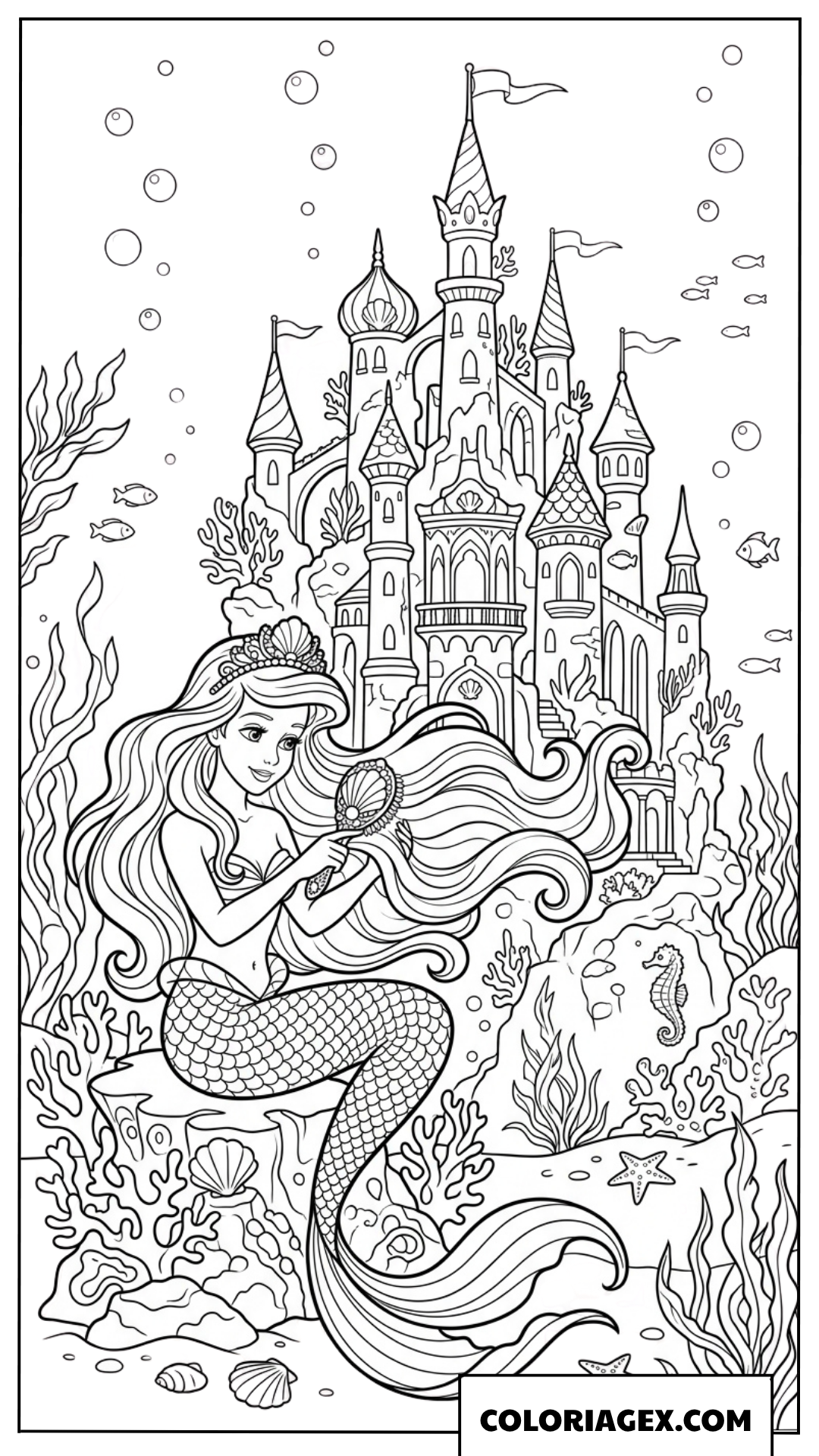 Dessin de coloriage d une princesse sirene devant son grand chateau