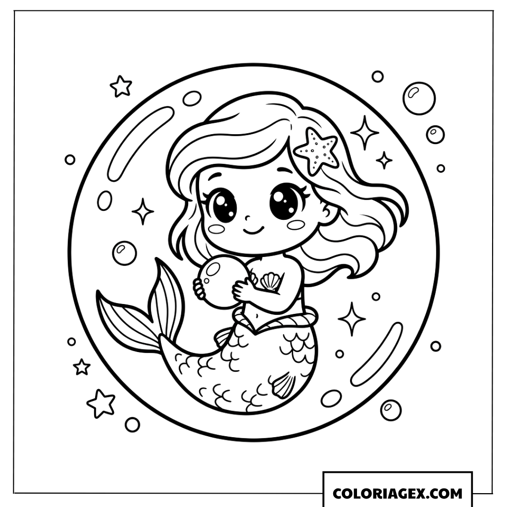 Dessin de coloriage d une sirene chibi avec sa perle magique