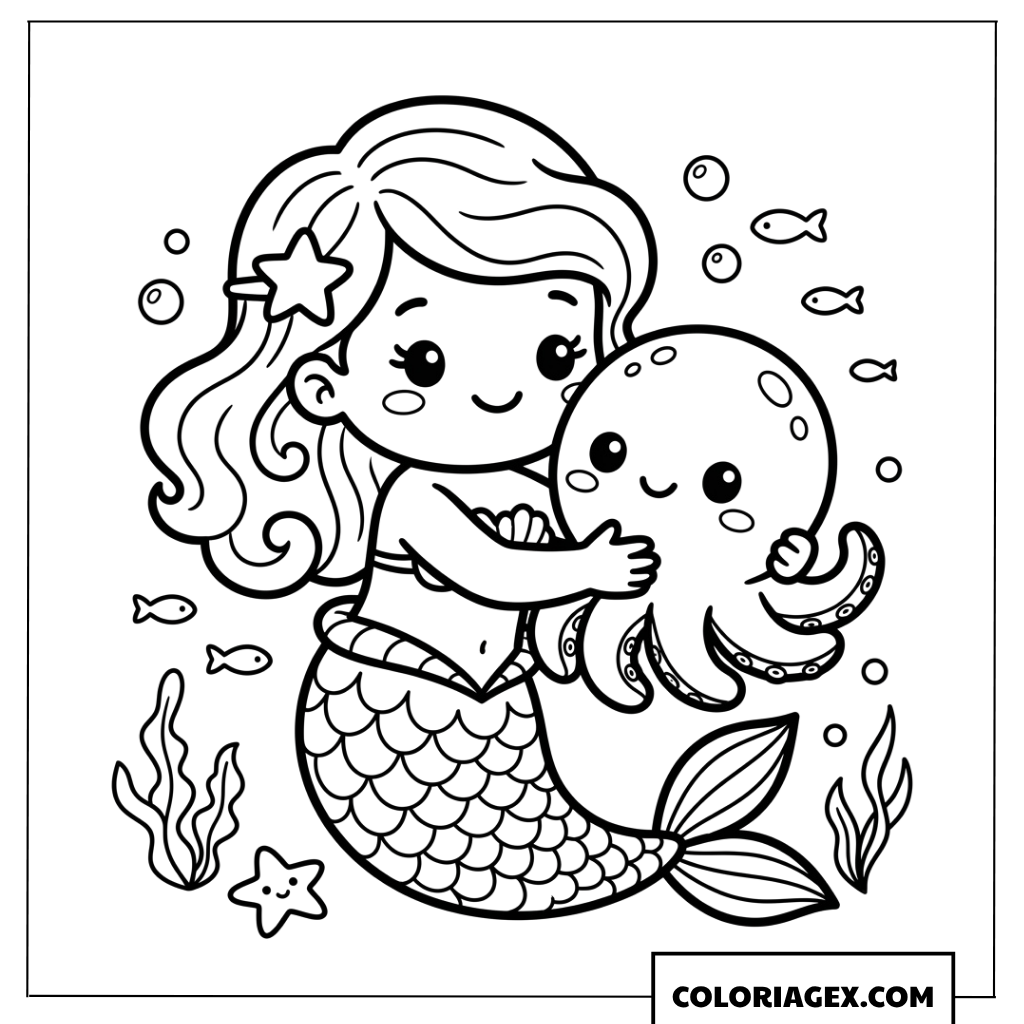 Dessin de coloriage d une sirene chibi qui embrasse un poulpe